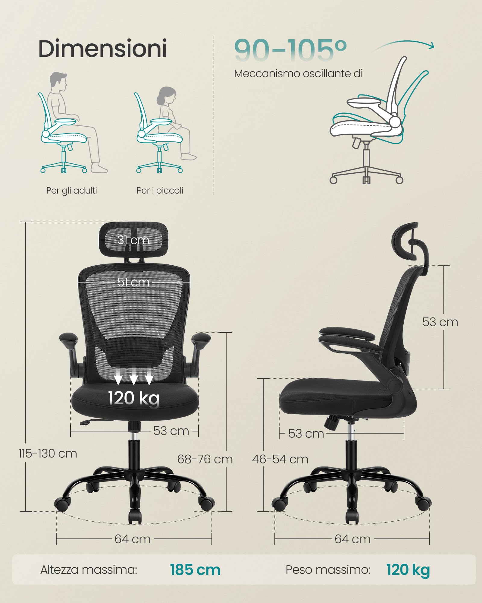 Songmics OBN047B01 sedia ufficio nera poggiatesta 53 cm