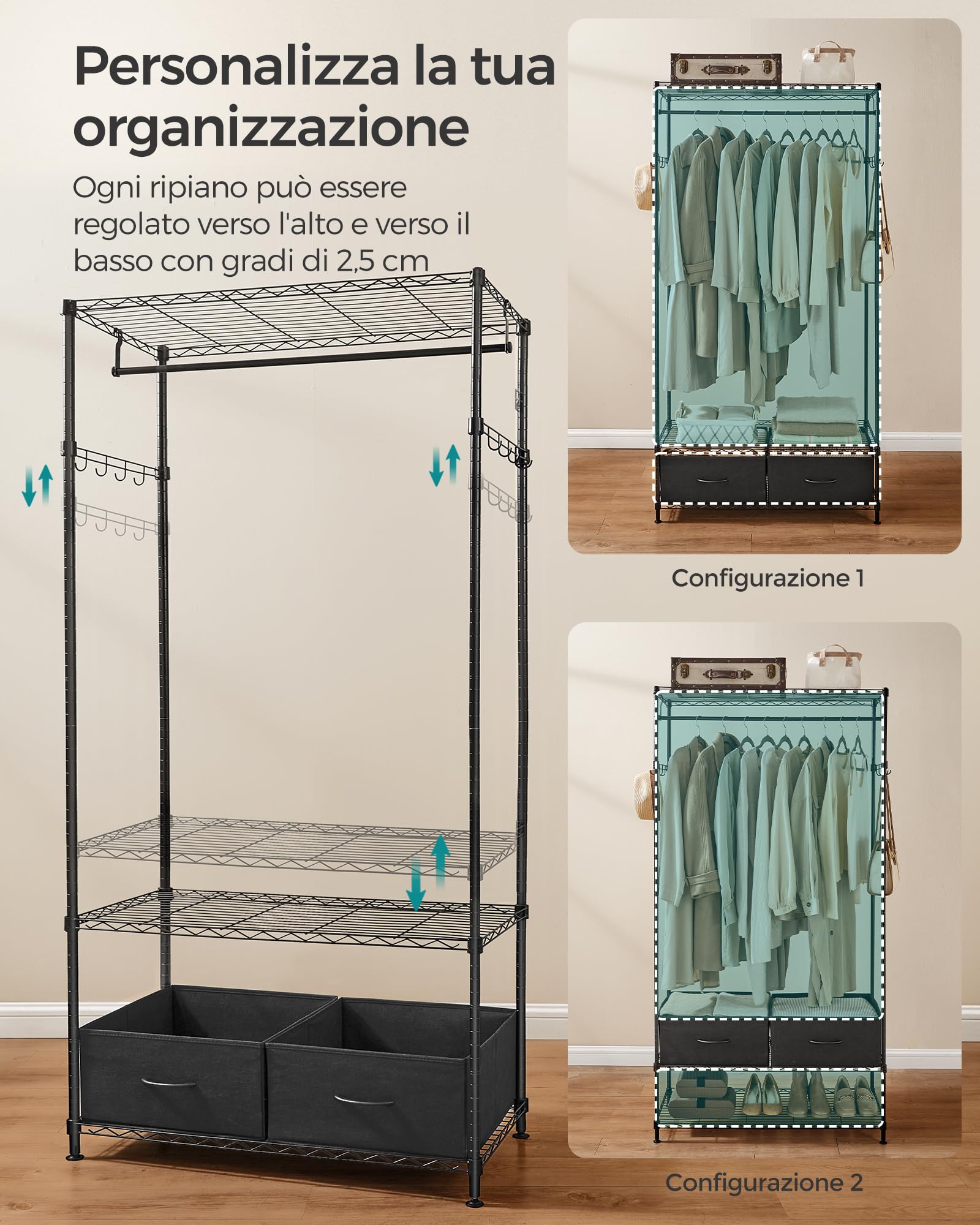 Songmics LGR411B02 guardaroba metallo nero 90x180 cm salvaspazio