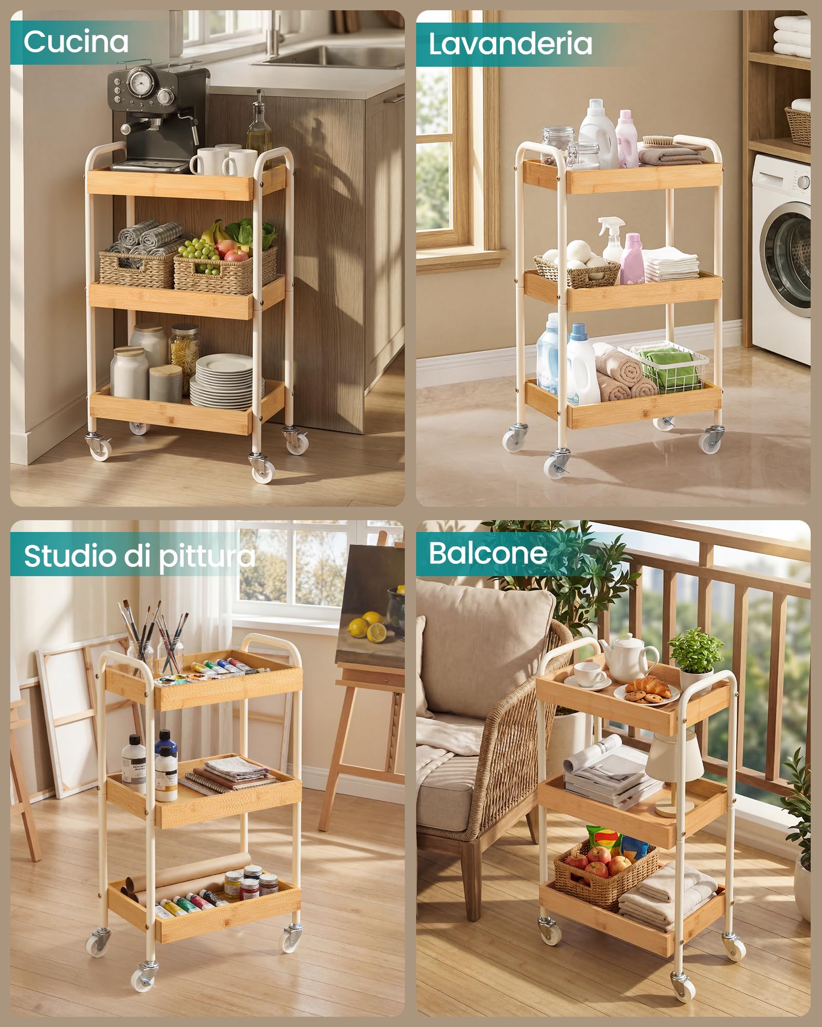 Songmics LRC081YL01 carrello 3 ripiani beige con ruote