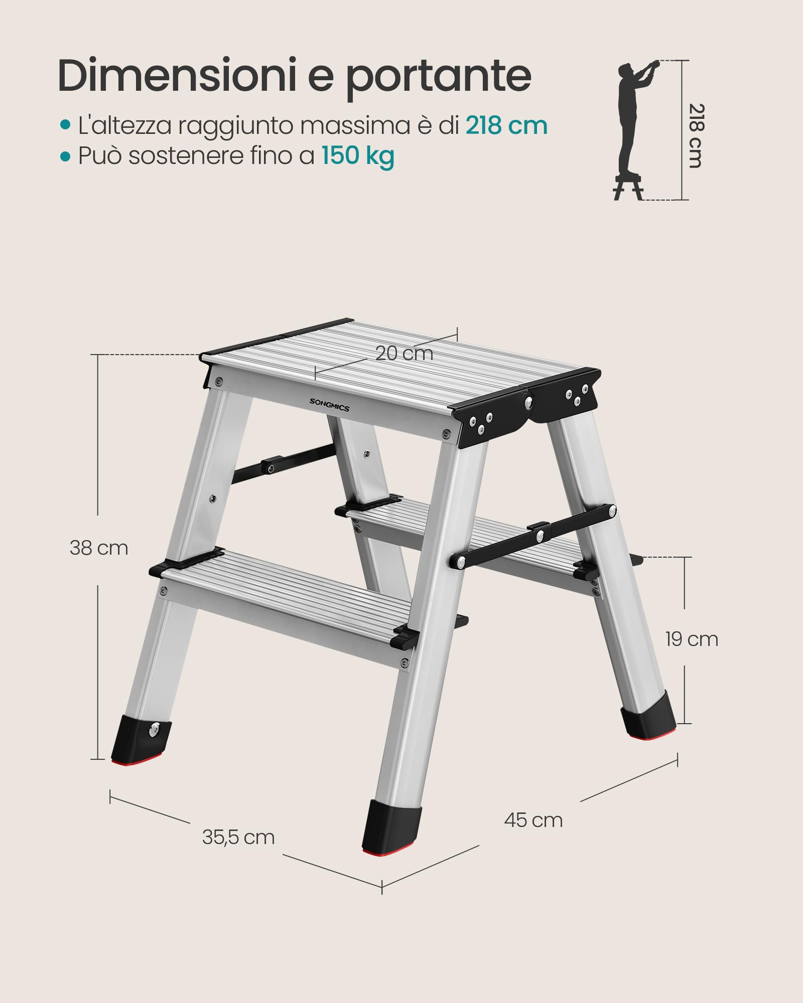 Songmics GLT012E01 scaletta pieghevole 2 gradini alluminio 150 kg