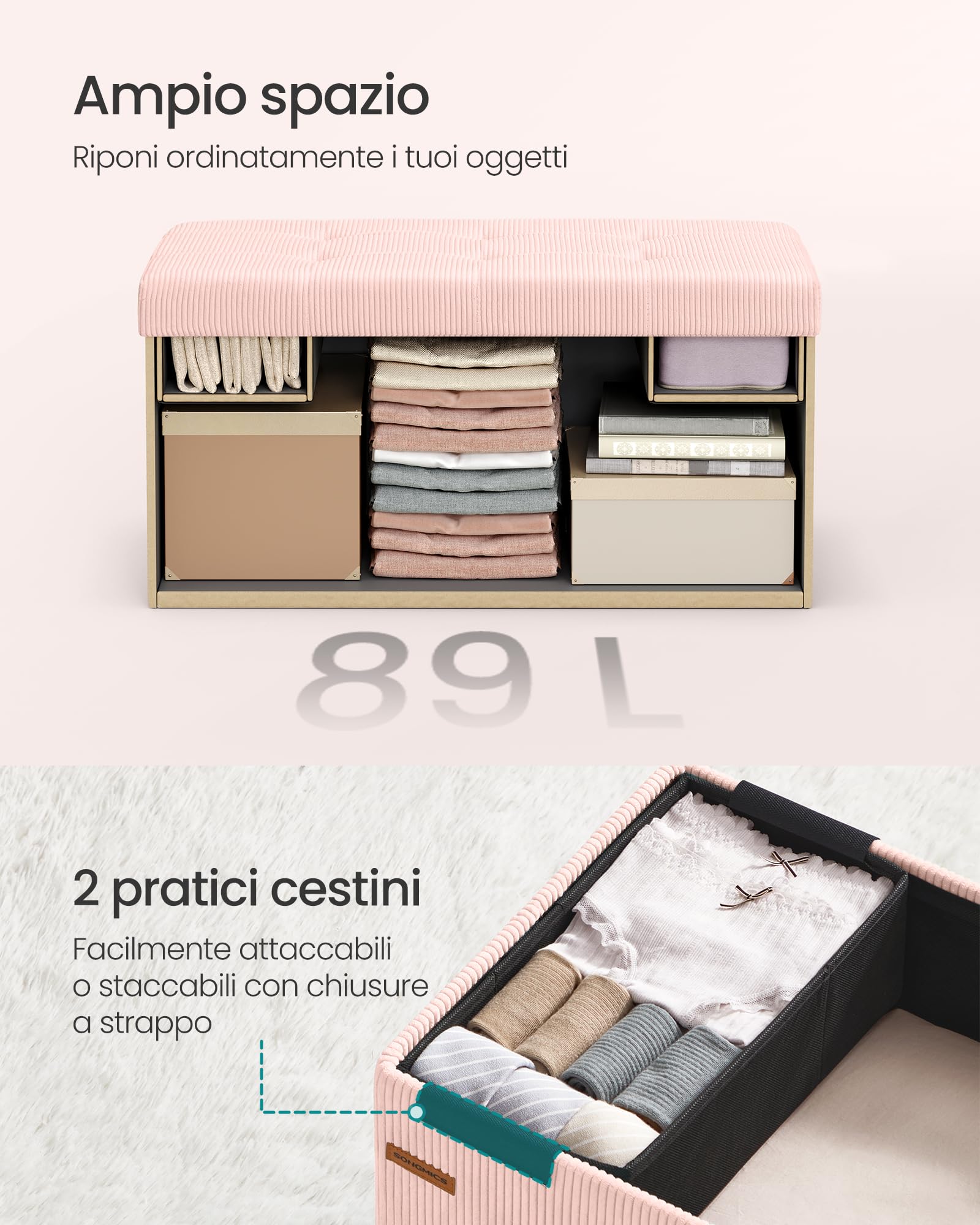 Songmics LSF603R01 pouf contenitore 76 cm rosa pieghevole