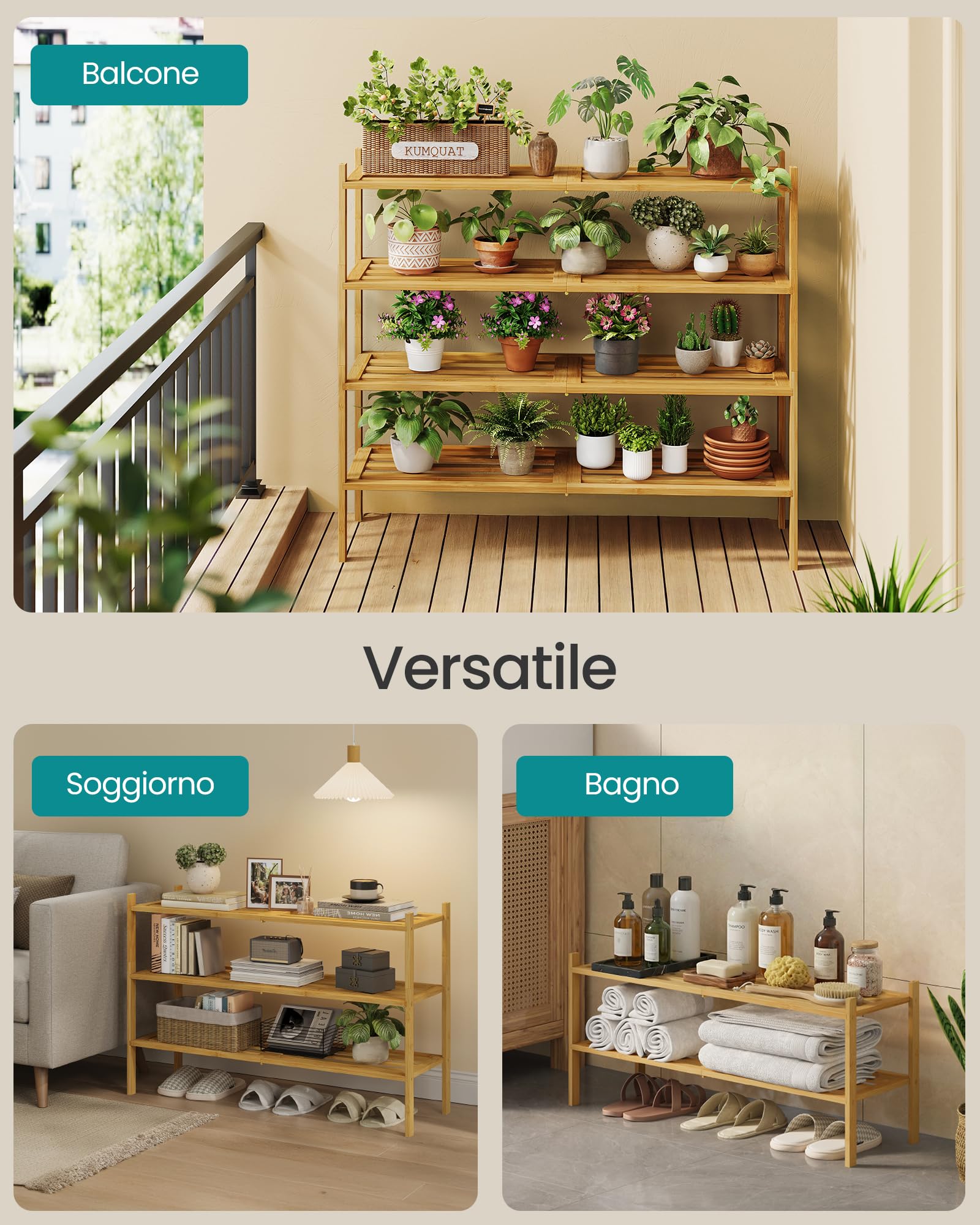 Songmics LBS052YL01 scarpiera bambù naturale 2 ripiani 70 cm