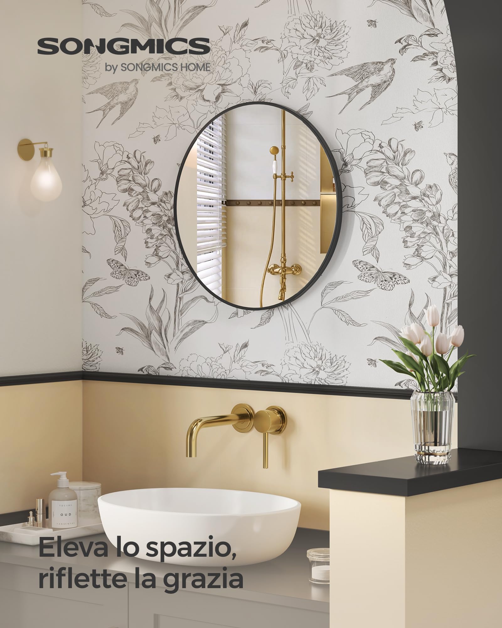 Songmics Berit Specchio Parete Rotondo Nero 61x61 cm Alluminio