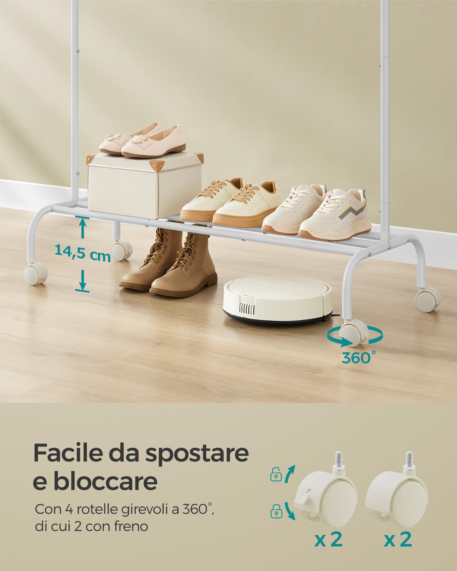 Songmics HSR131W01 appendiabiti bianco 103,5 cm con ruote