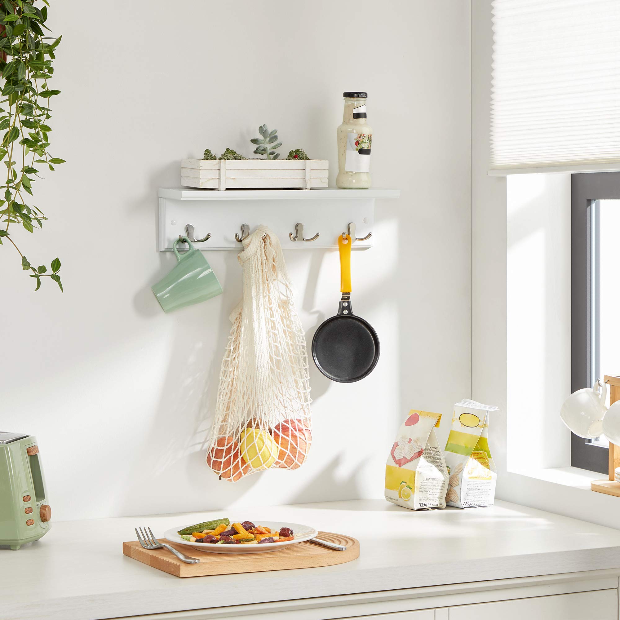 Songmics LHR42WT appendiabiti parete bianco 40 cm con mensola 4 ganci