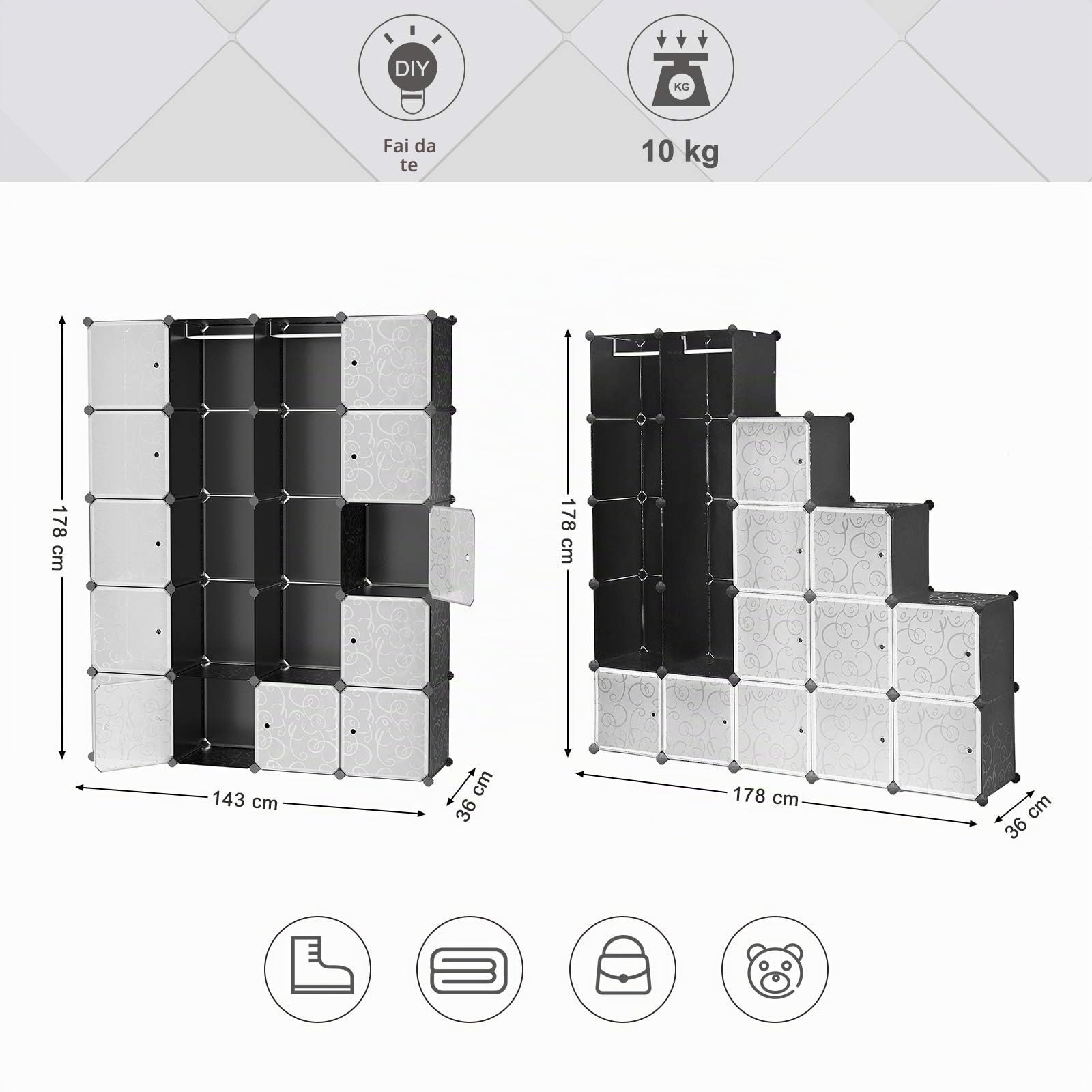 Songmics LPC30H Guardaroba Modulare 143x36 Nero Floreale Plastica