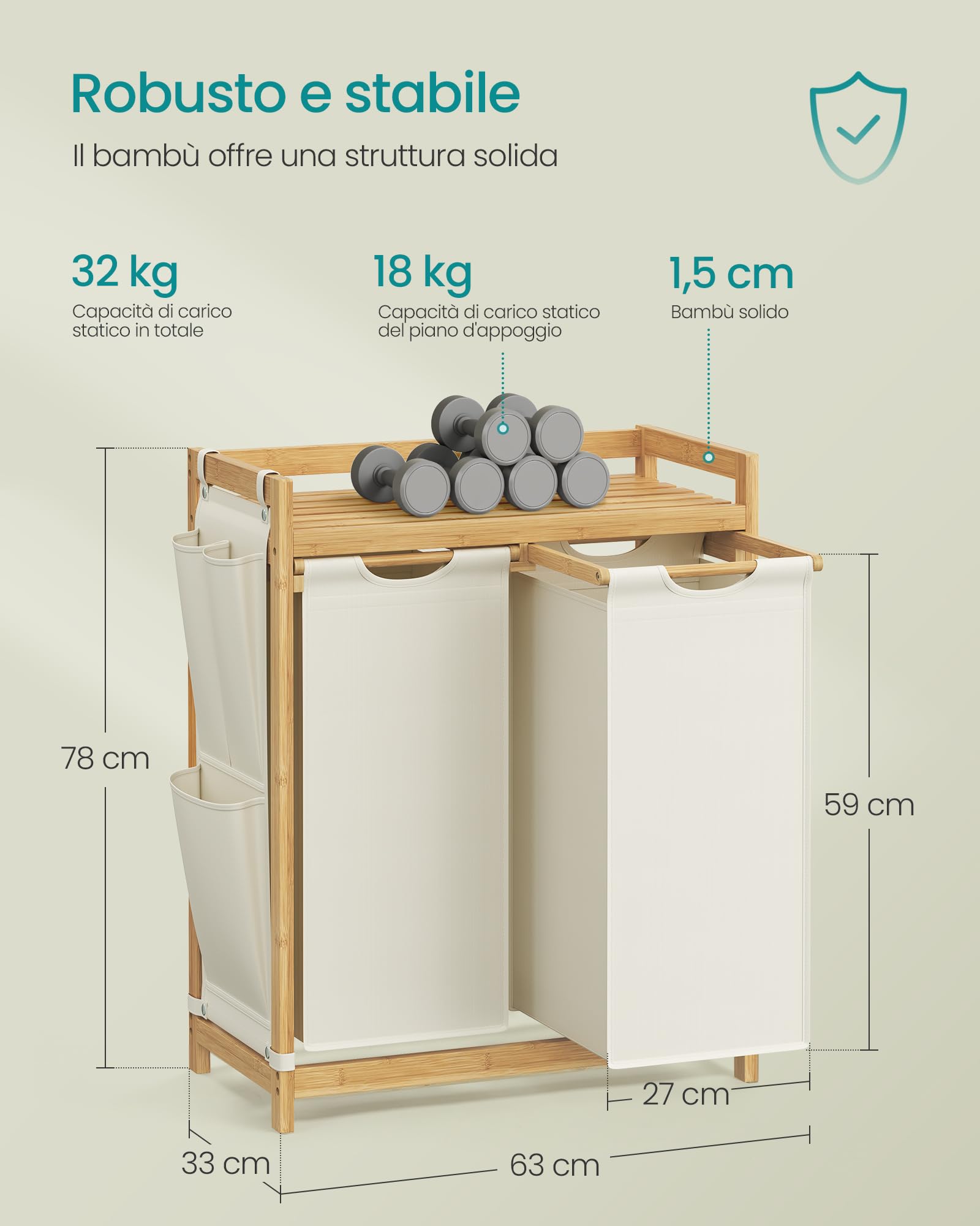 Songmics RLH100W01 cesto biancheria bambù 100L 2 scomparti
