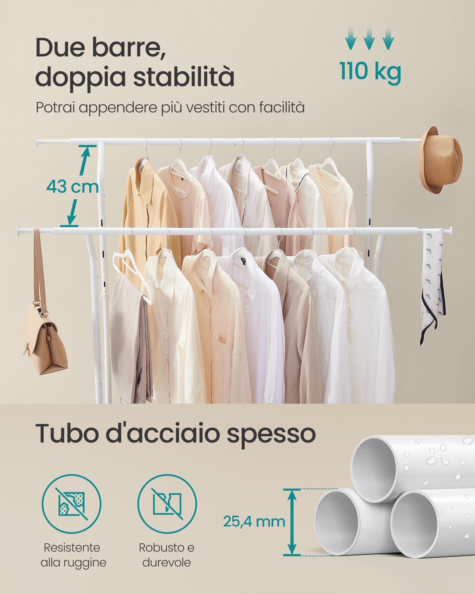 Songmics HSR012W01 stand appendiabiti bianco opaco con ruote 110 kg