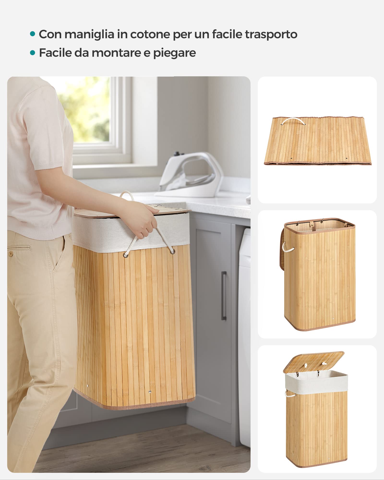 Songmics LCB10Y cesta portabiancheria 72L naturale bambù
