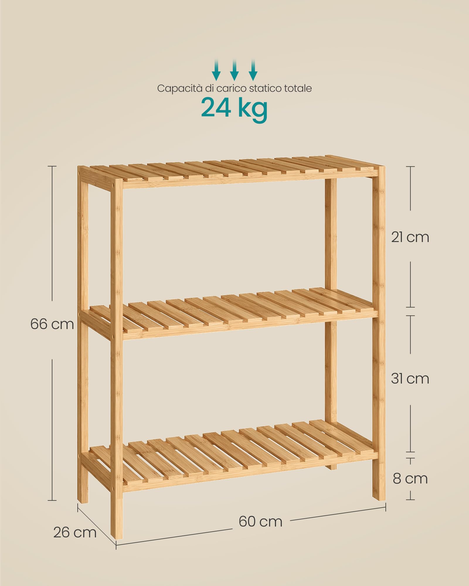 Songmics BCB33Y Scaffale Bambù 3 Ripiani 60x26x66 Beige