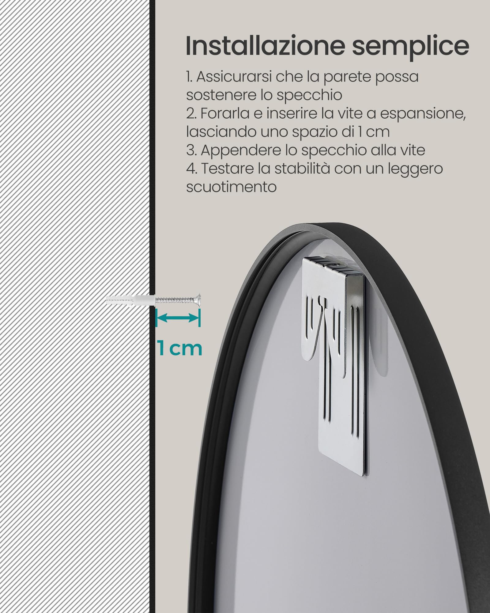 Songmics LWM101B01 specchio parete rotondo nero 50 cm