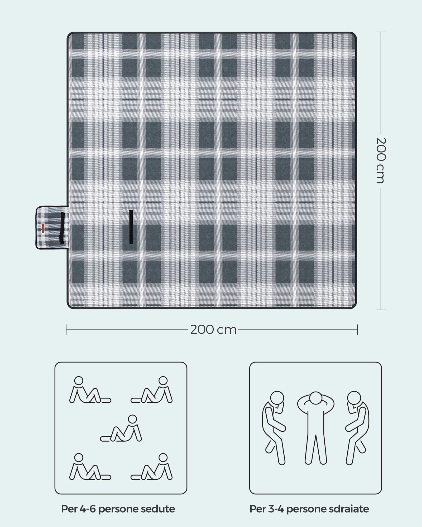 Songmics GCM61GW Coperta Picnic 195x200 cm Grigio Bianco