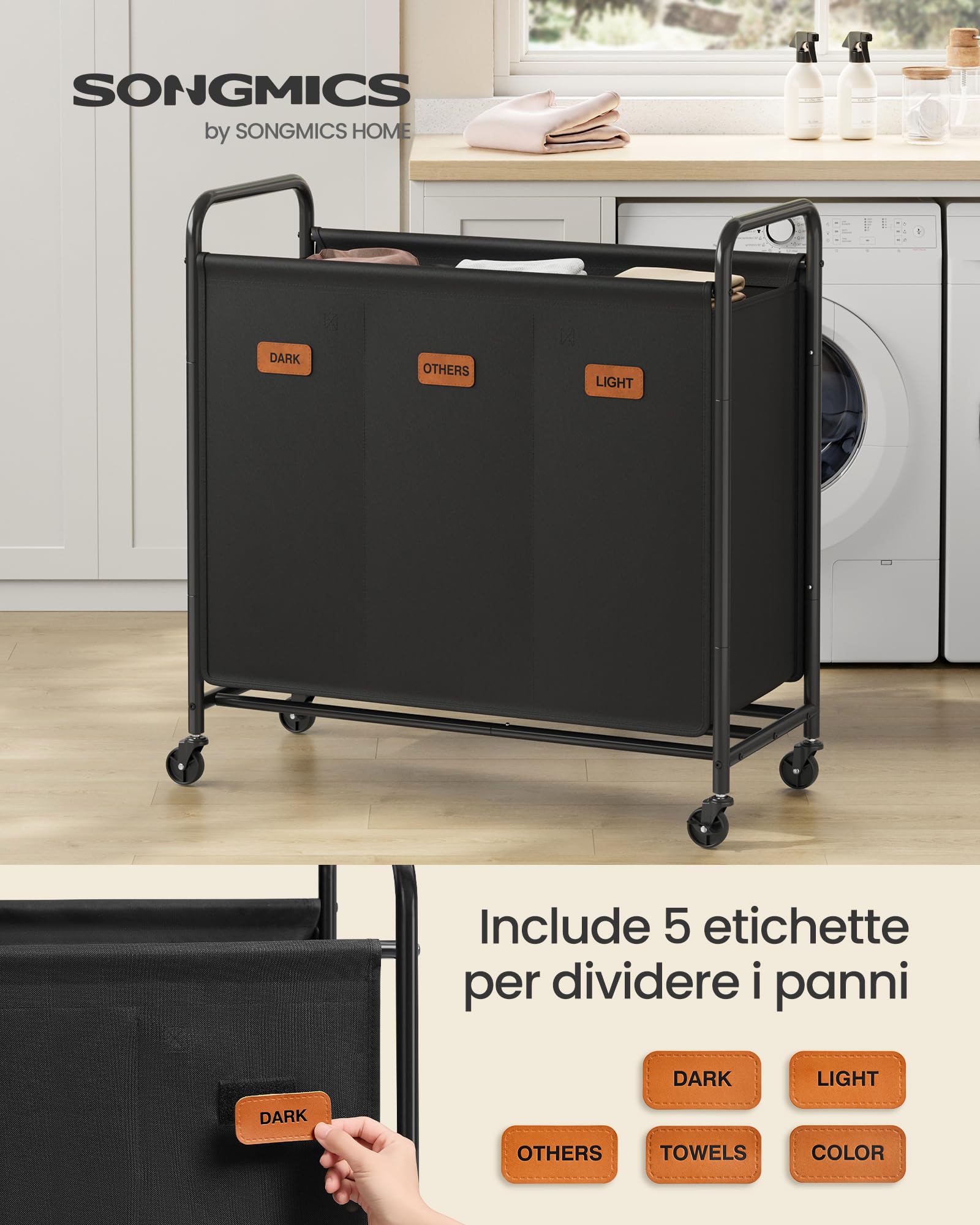 Songmics RLS330B01 carrello portabiancheria 3 scomparti 170L