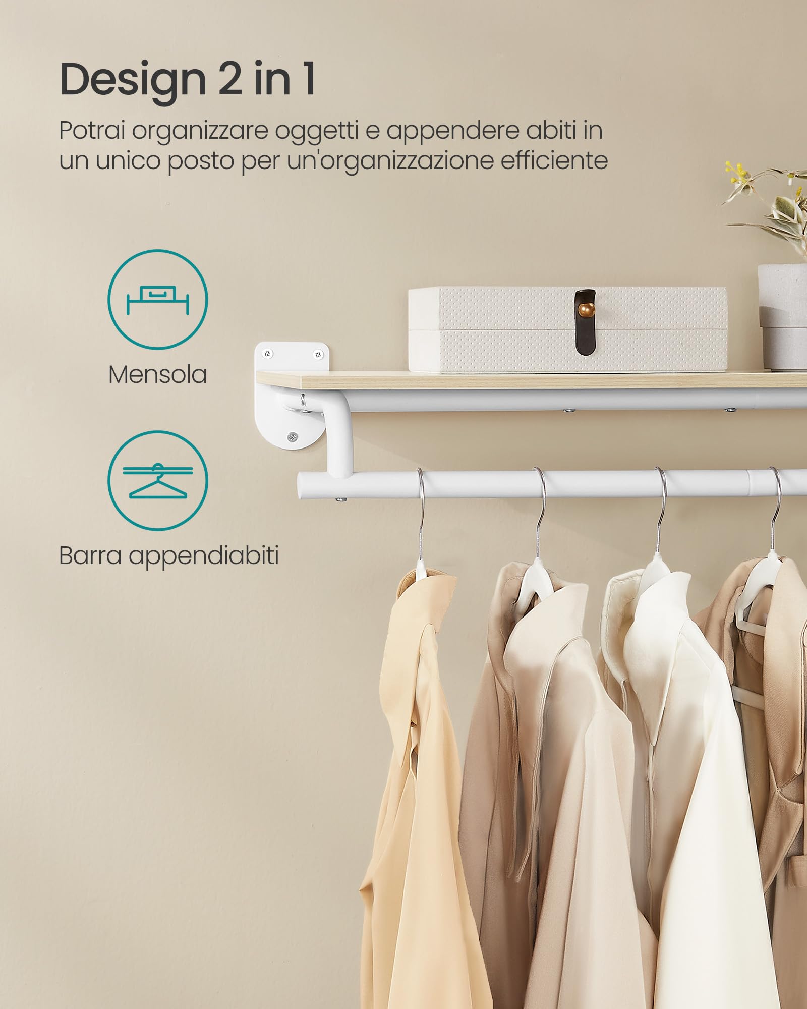 Songmics HSR135W01 Appendiabiti Parete 109cm Beige Acciaio