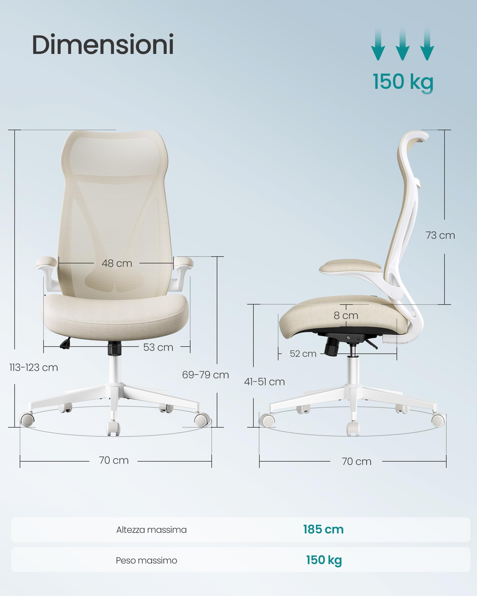 Songmics OBN088K01 sedia ufficio beige cappuccino poggiatesta
