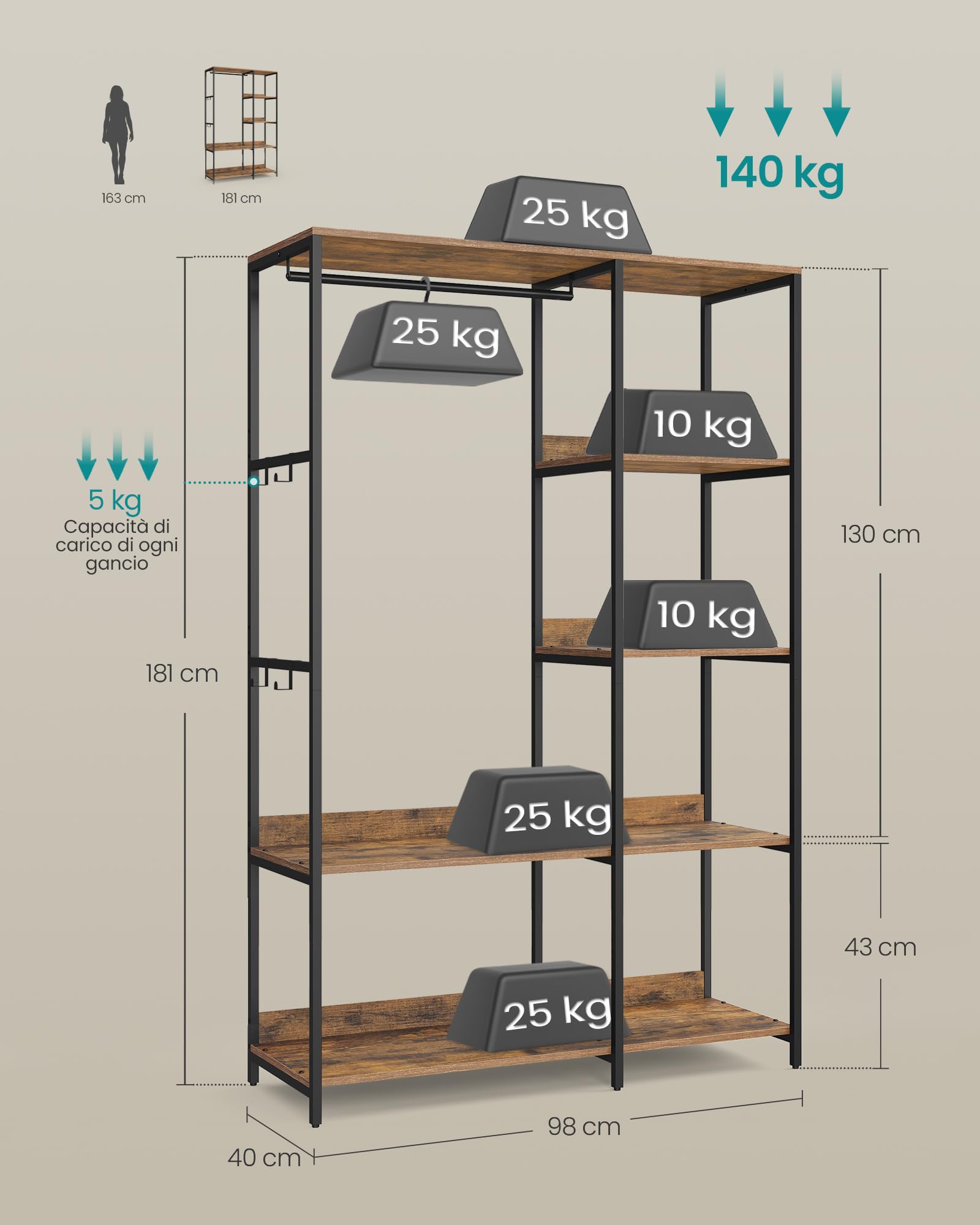 Songmics RGR024B01 Guardaroba Aperto Vintage Brown 98x40x181 cm