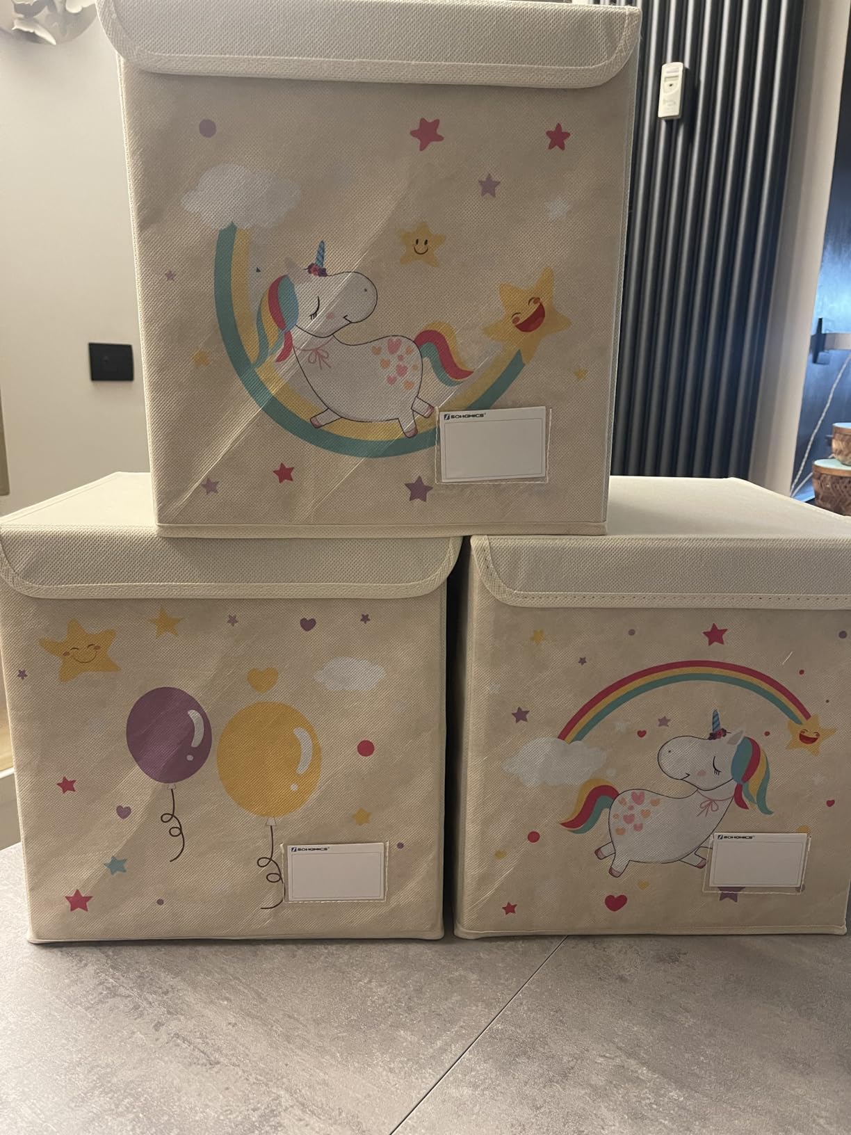 Songmics RFB710W03 Scatole Bambini Unicorno Beige 3 Pezzi 30 cm
