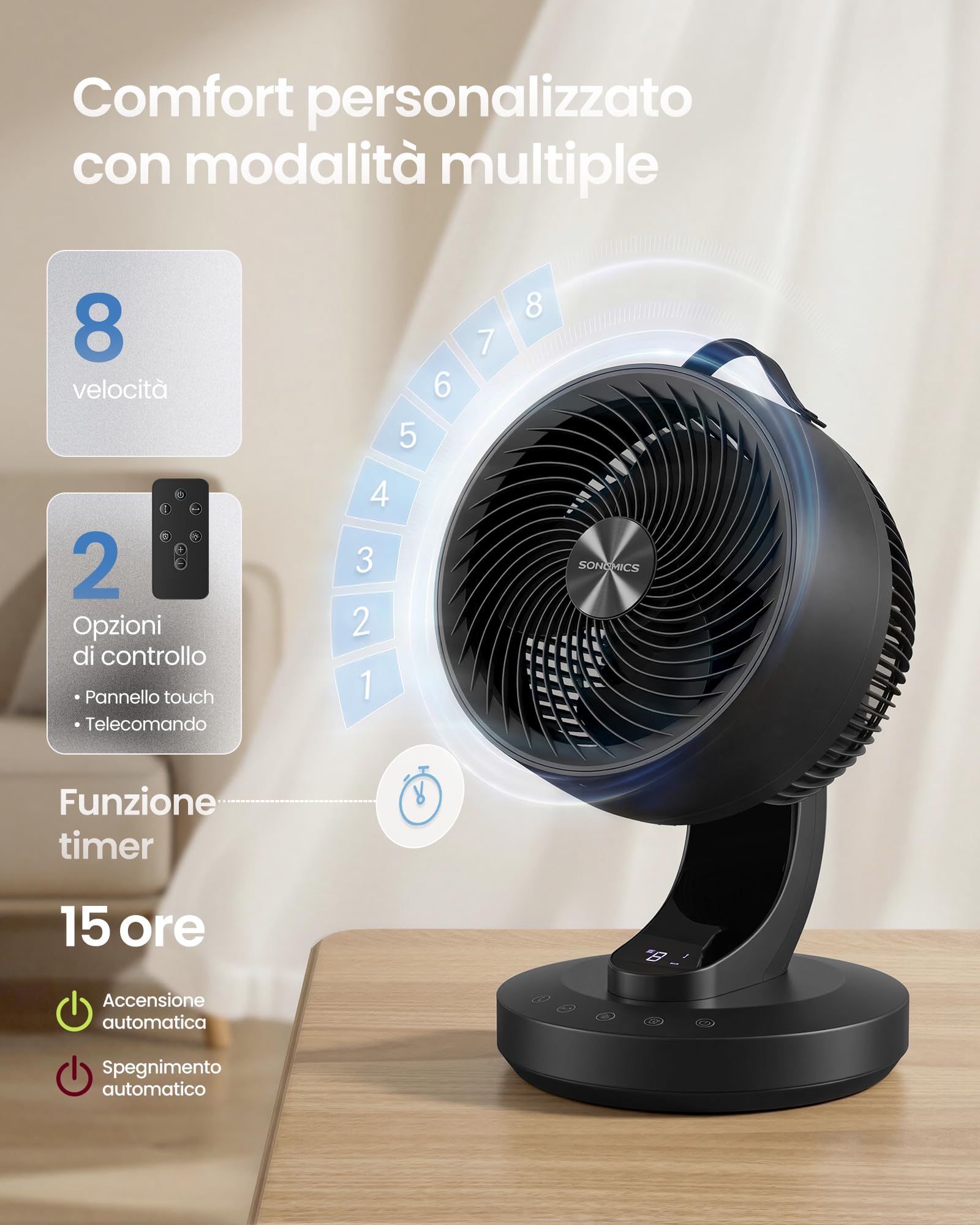 Songmics XFC001B1EU ventilatore tavolo nero inchiostro 8 velocita