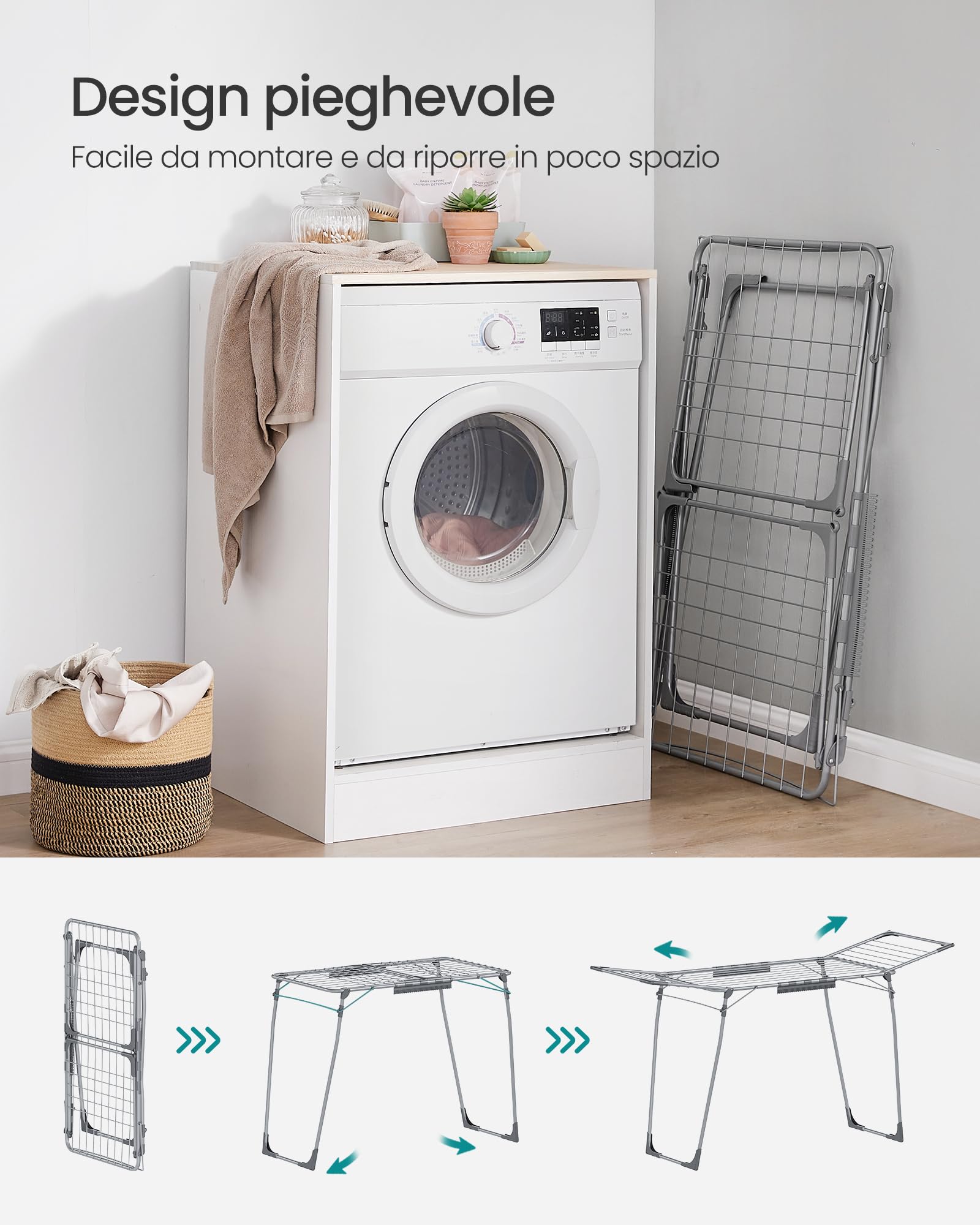 Songmics LLR518G01 stendibiancheria Grigio Tortora 18 m con ali