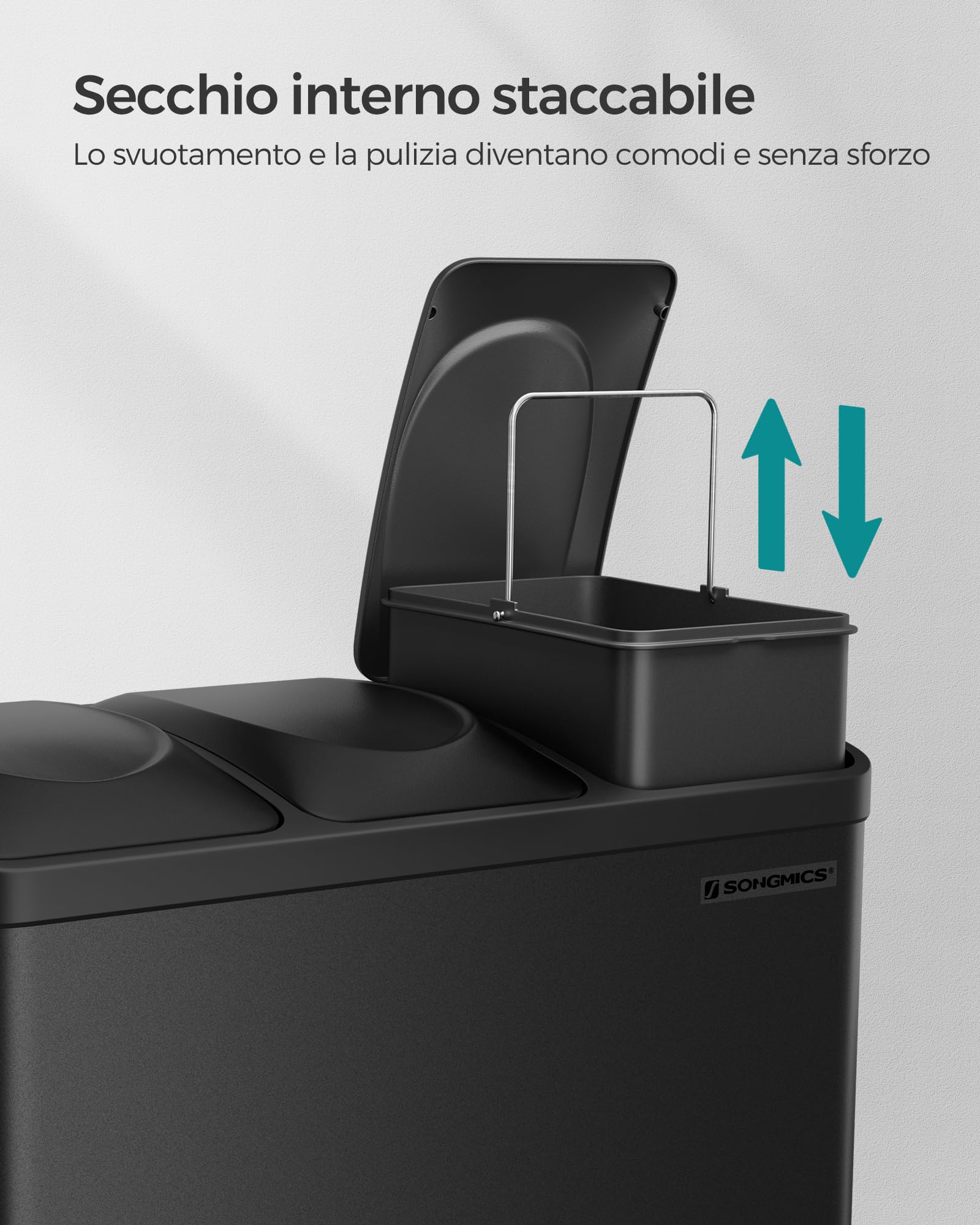 Songmics LTB45B Pattumiera 45L Acciaio Nero 3x15L Pedale