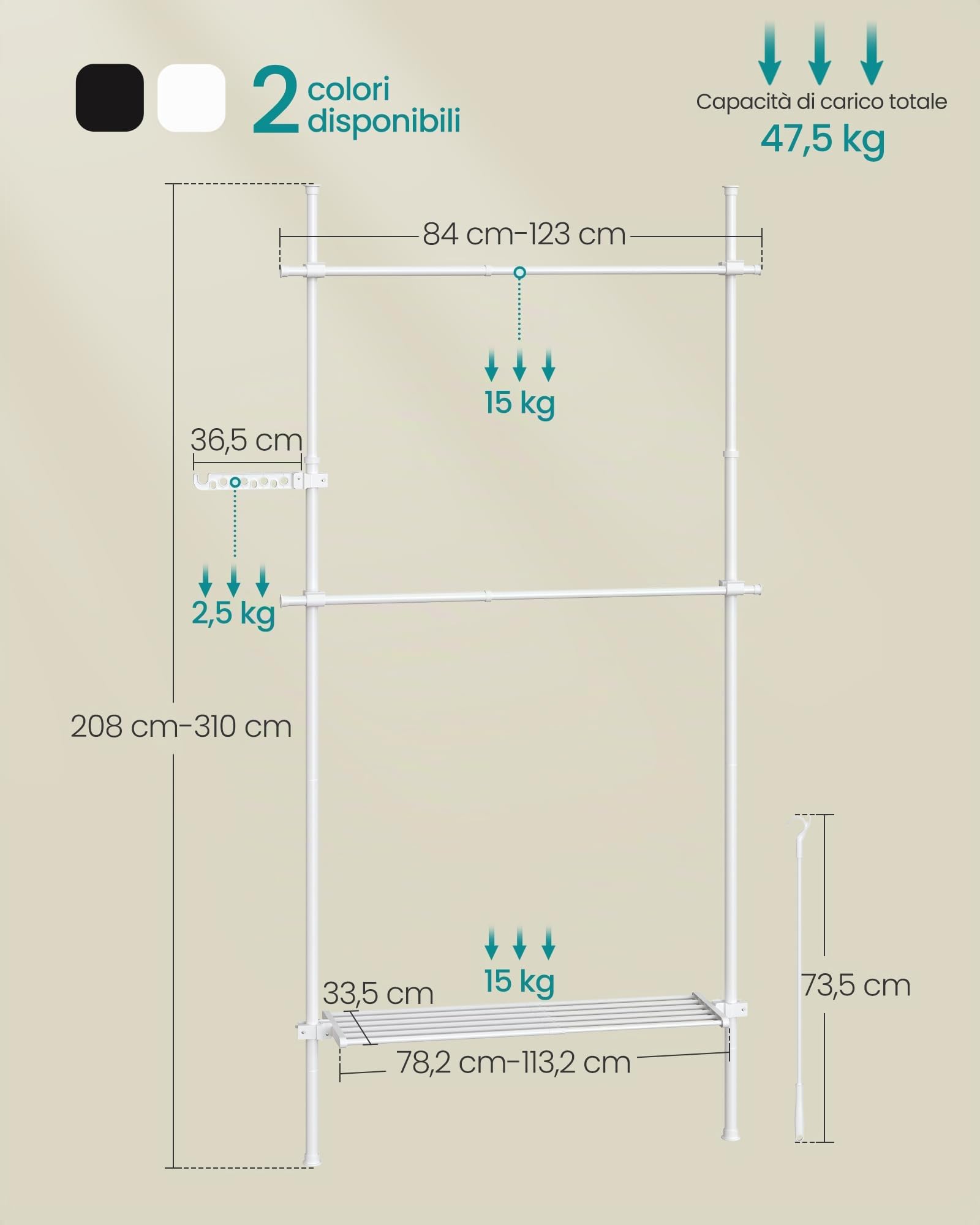 Songmics appendiabiti da terra a soffitto 3 livelli 84-123 cm salvaspazio