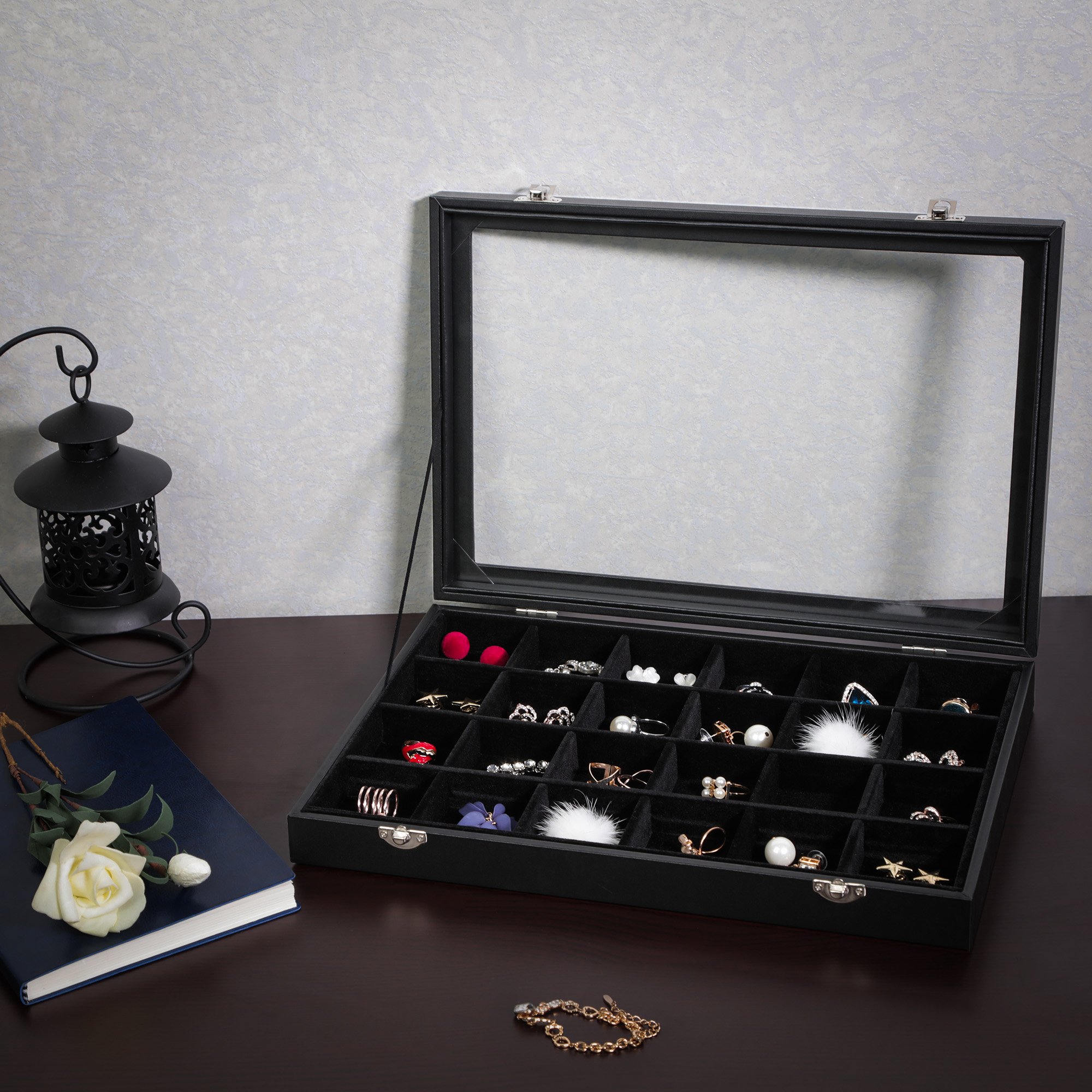 Songmics JDS303 Portagioie Nero 24 Scomparti con Vetro