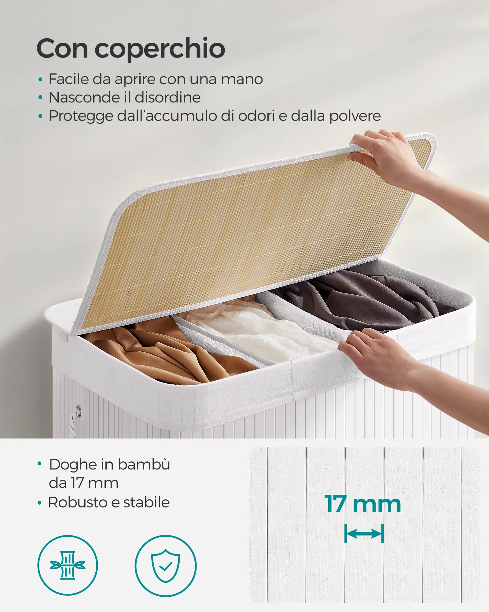 Songmics LCB091W01 cesto portabiancheria bambù bianco 150 L