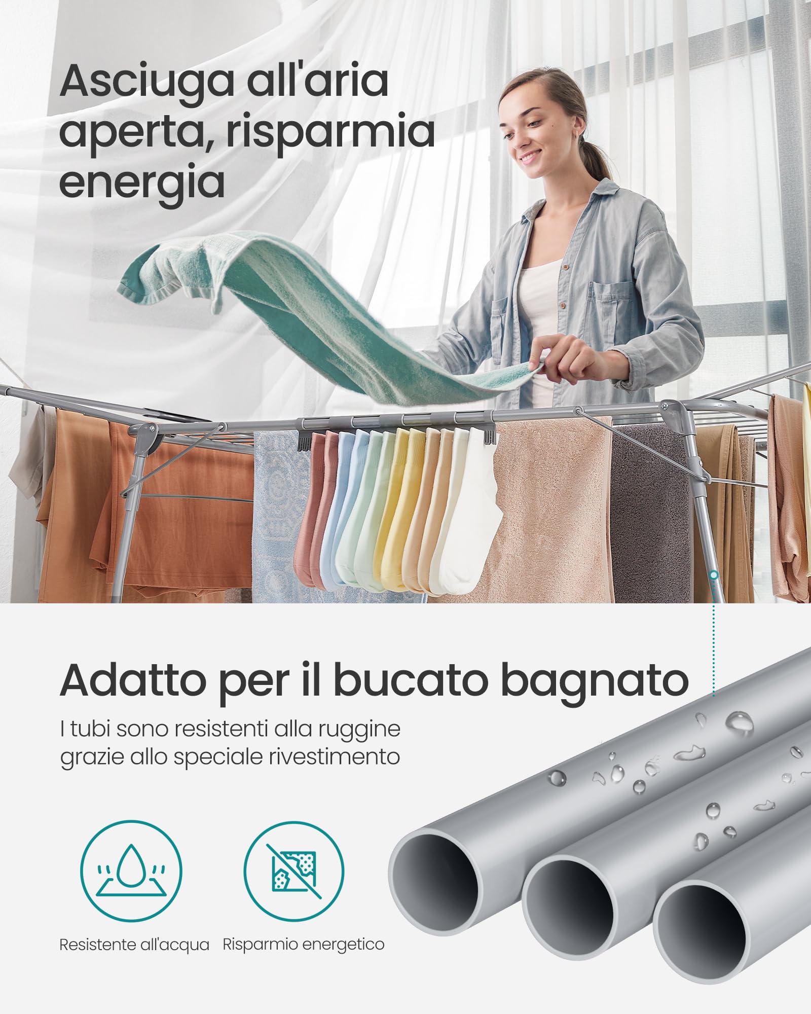 Songmics LLR518G01 stendibiancheria Grigio Tortora 18 m con ali