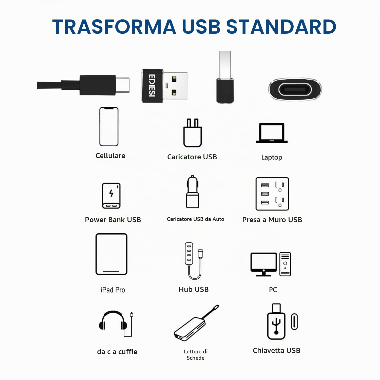 Ediesi adattatore USB-C USB-A nero pack 3 ricarica rapida