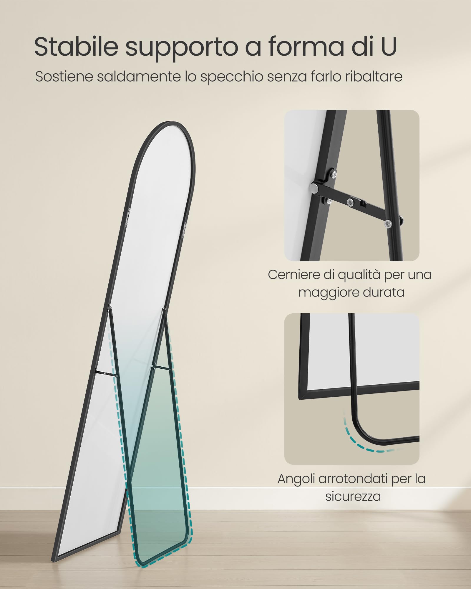 Songmics LFM031B01 specchio figura intera 160x50 cm nero vetro temperato