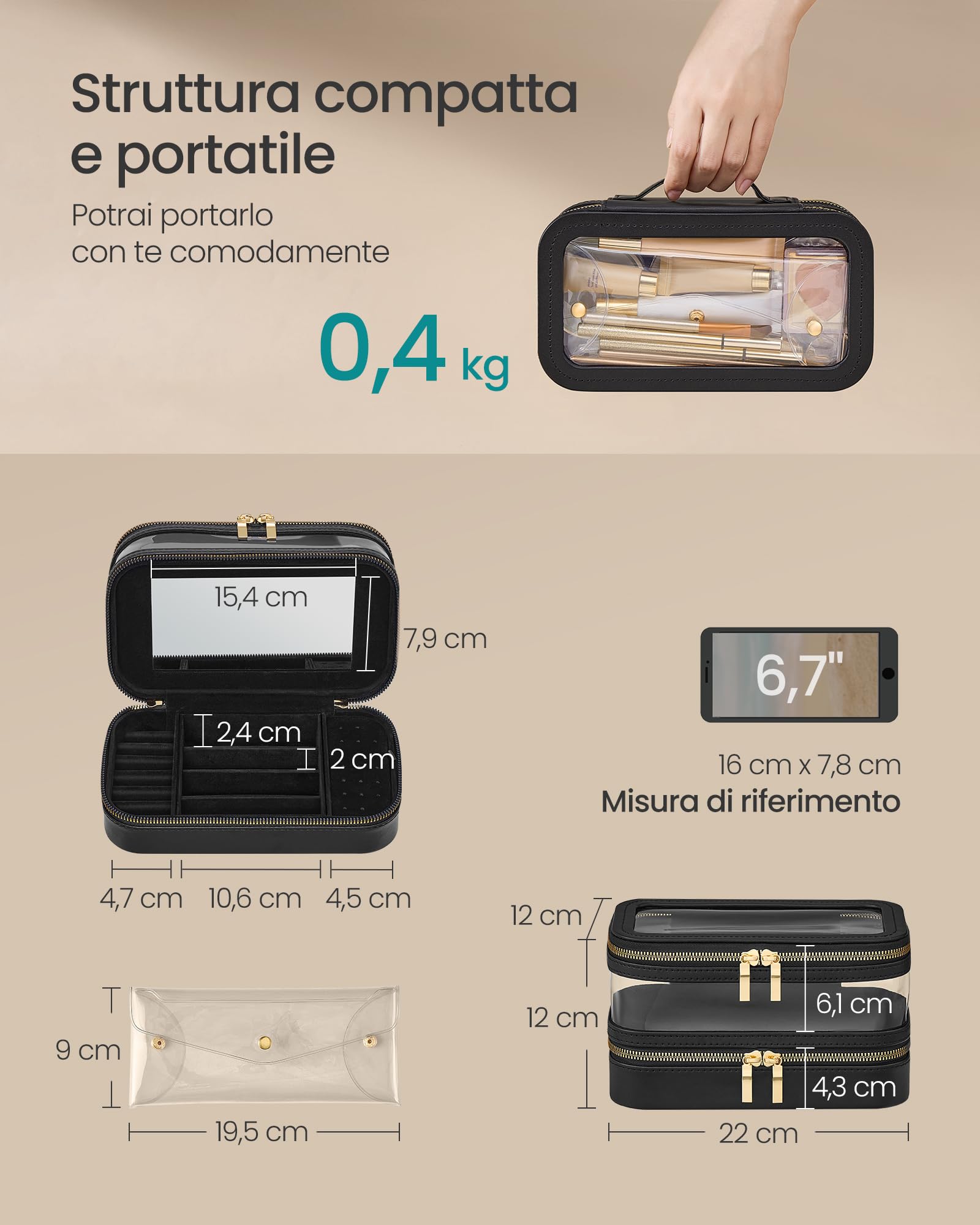 Songmics JKA026B01 beauty case viaggio nero inchiostro con specchio