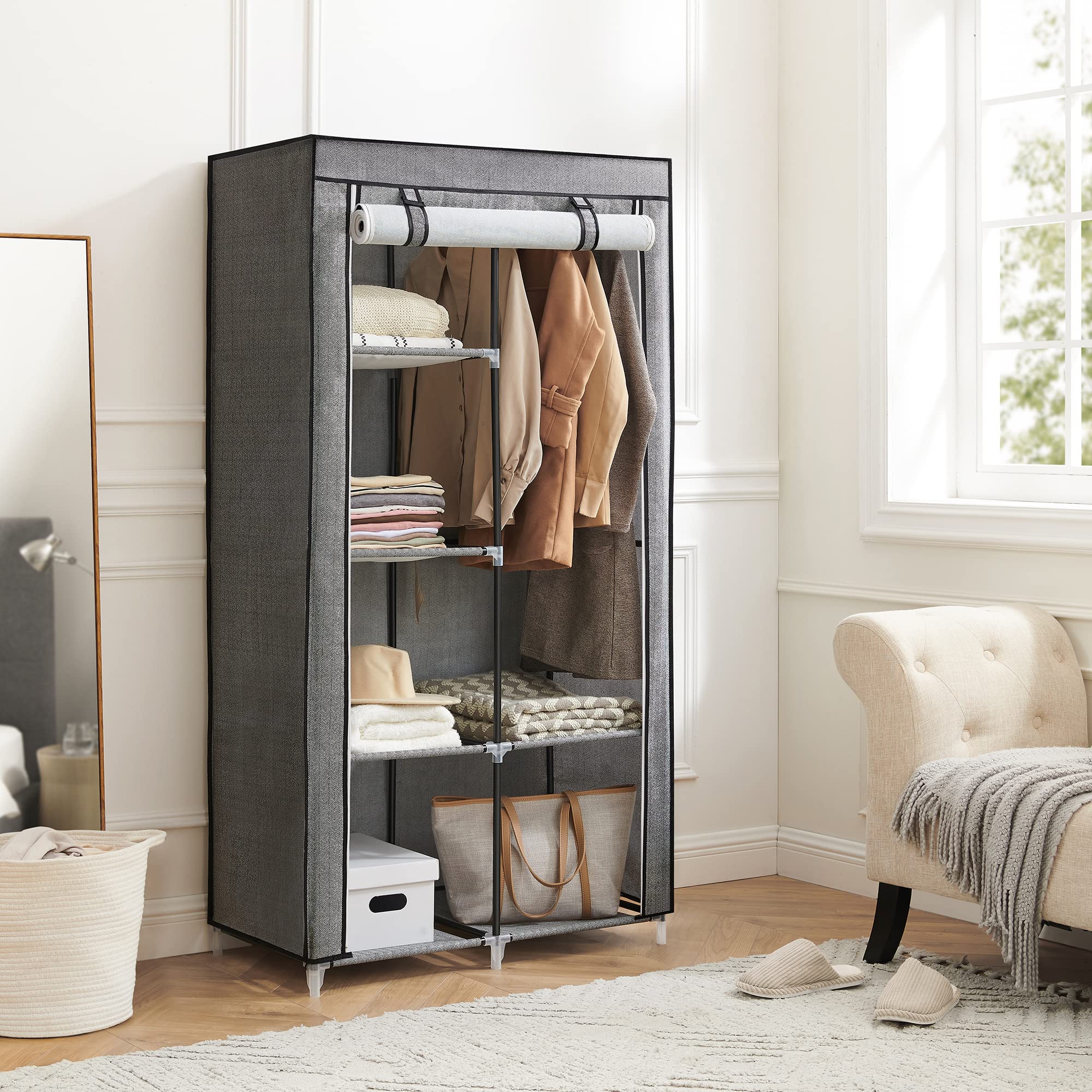 Songmics Armadio in Tessuto 45x88x168 Nero Spina Pesce Antipolvere