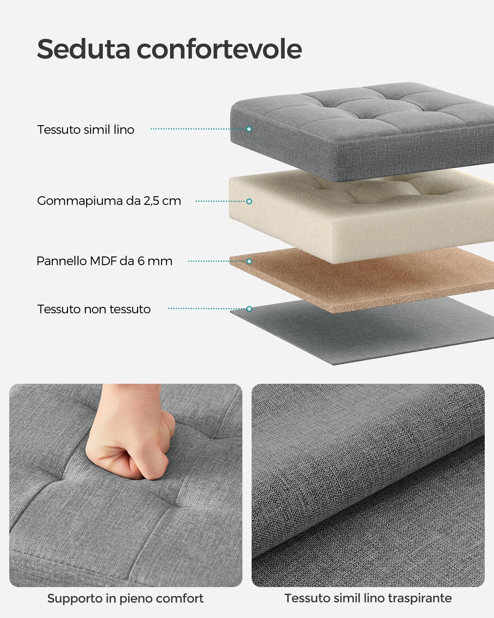 Songmics LSF028G02 pouf contenitore Grigio Chiaro 30 cm in tessuto