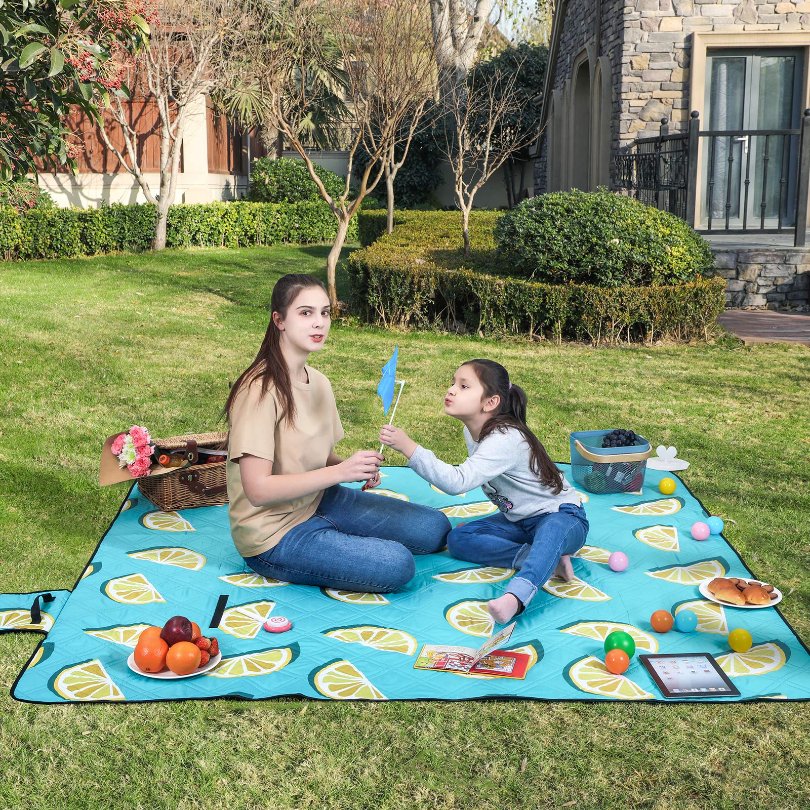 Songmics GCM87YJ coperta picnic limone 200x200 cm impermeabile