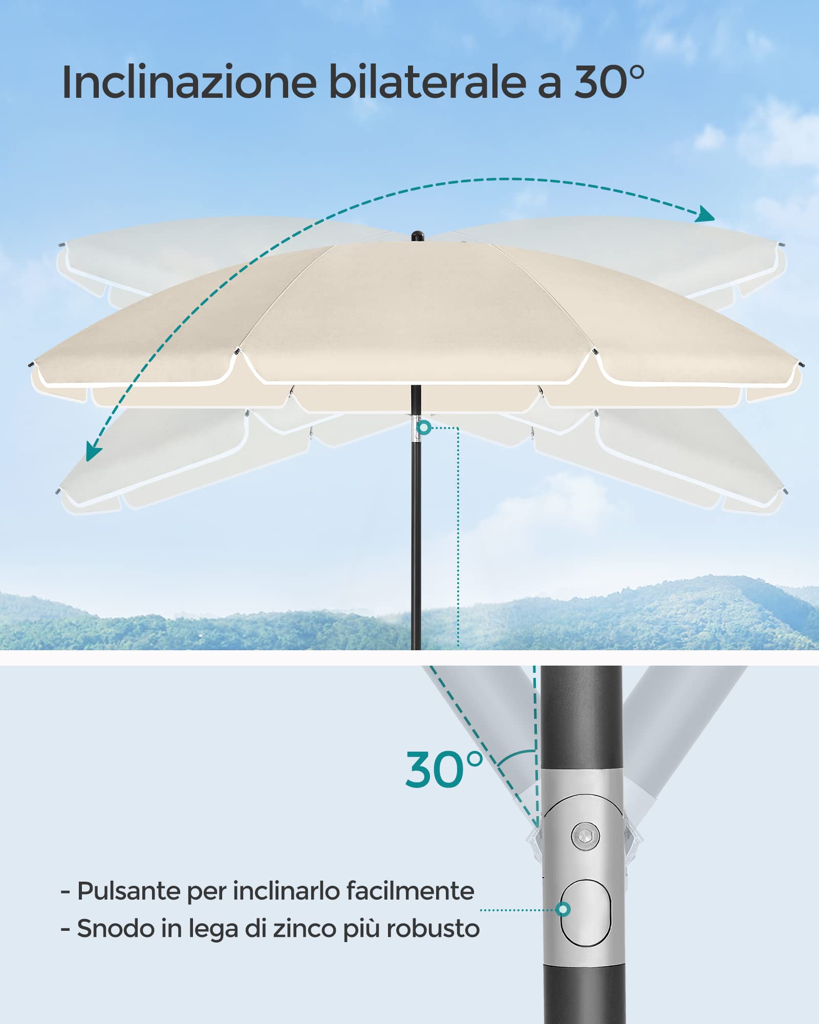Songmics Ombrellone Spiaggia UPF 50+ Inclinabile con Borsa