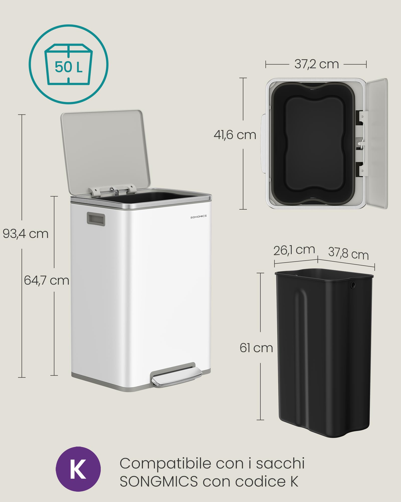 Songmics LTB595WC01 pattumiera cucina bianca 50 L acciaio