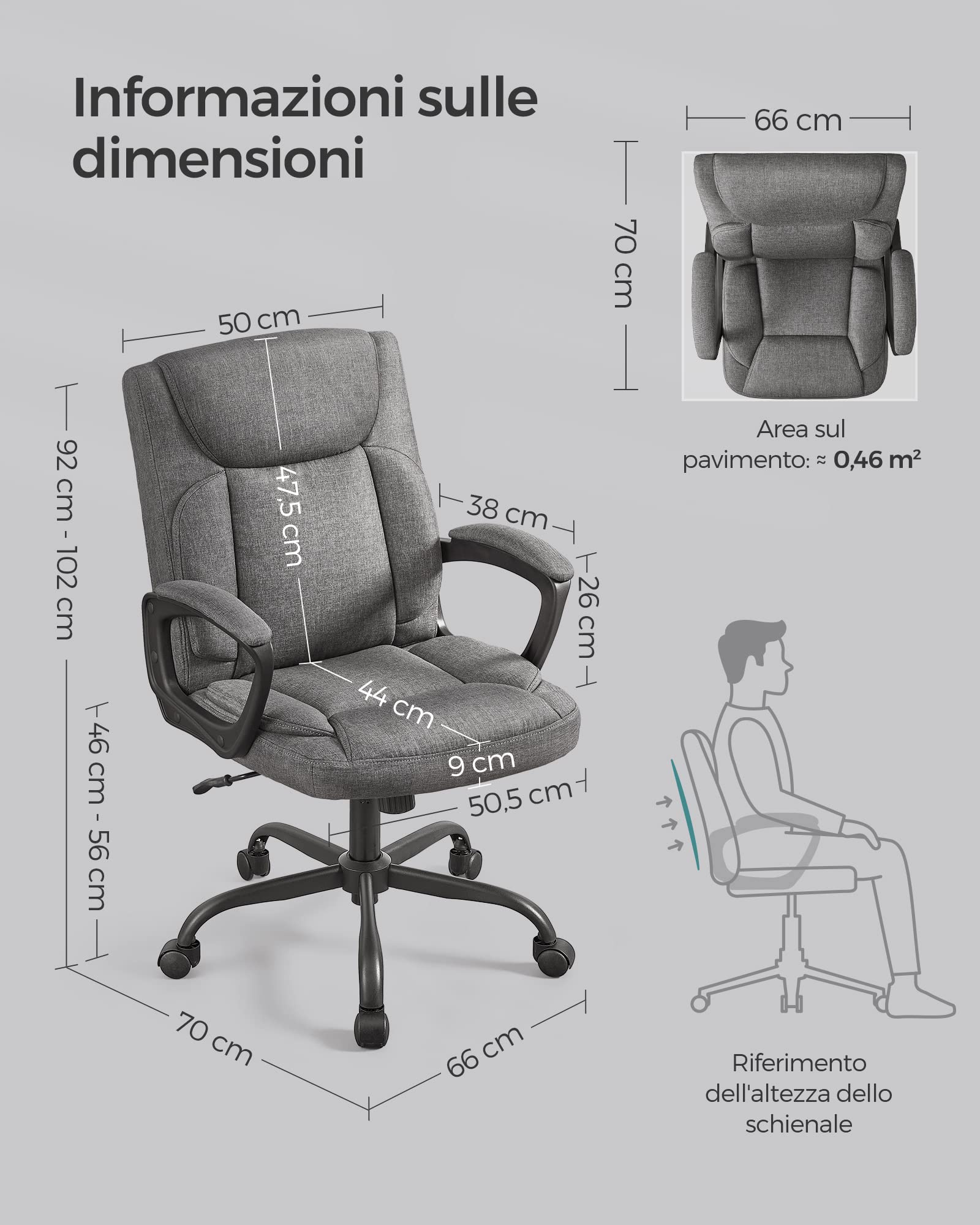 Songmics OBG040G01 sedia ufficio grigia altezza regolabile