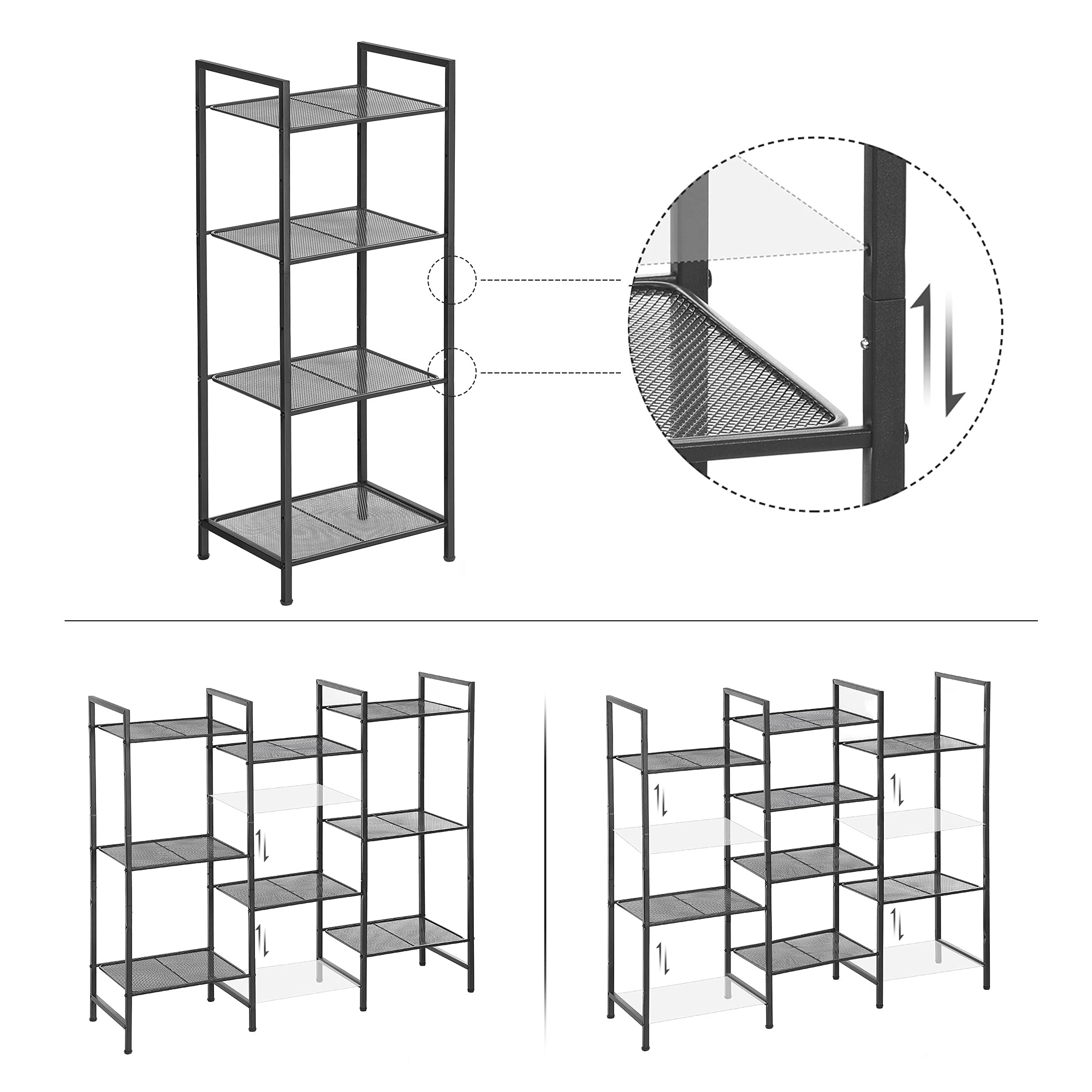 Songmics BSC034B01 scaffale 4 ripiani nero 38x30x96 cm rete