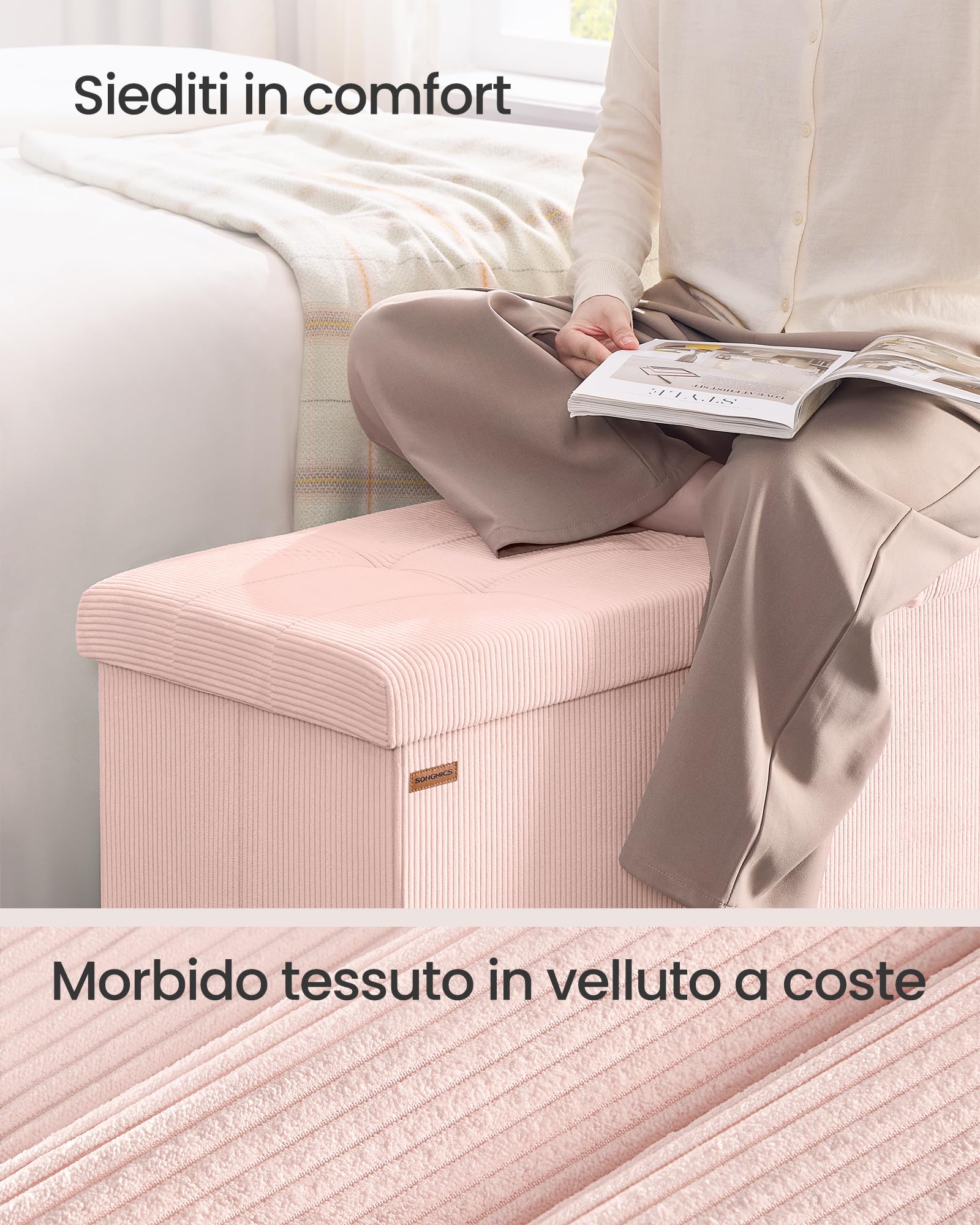 Songmics LSF603R01 pouf contenitore 76 cm rosa pieghevole