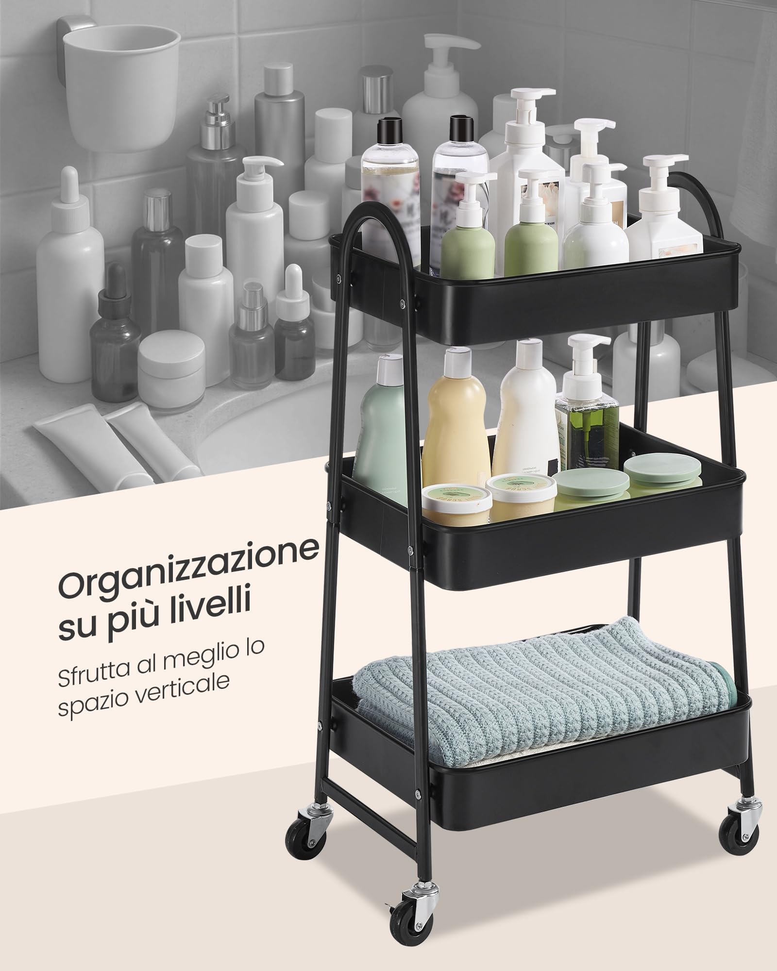 Songmics BSC068B01 Carrello Cucina Nero 3 Livelli con Ruote