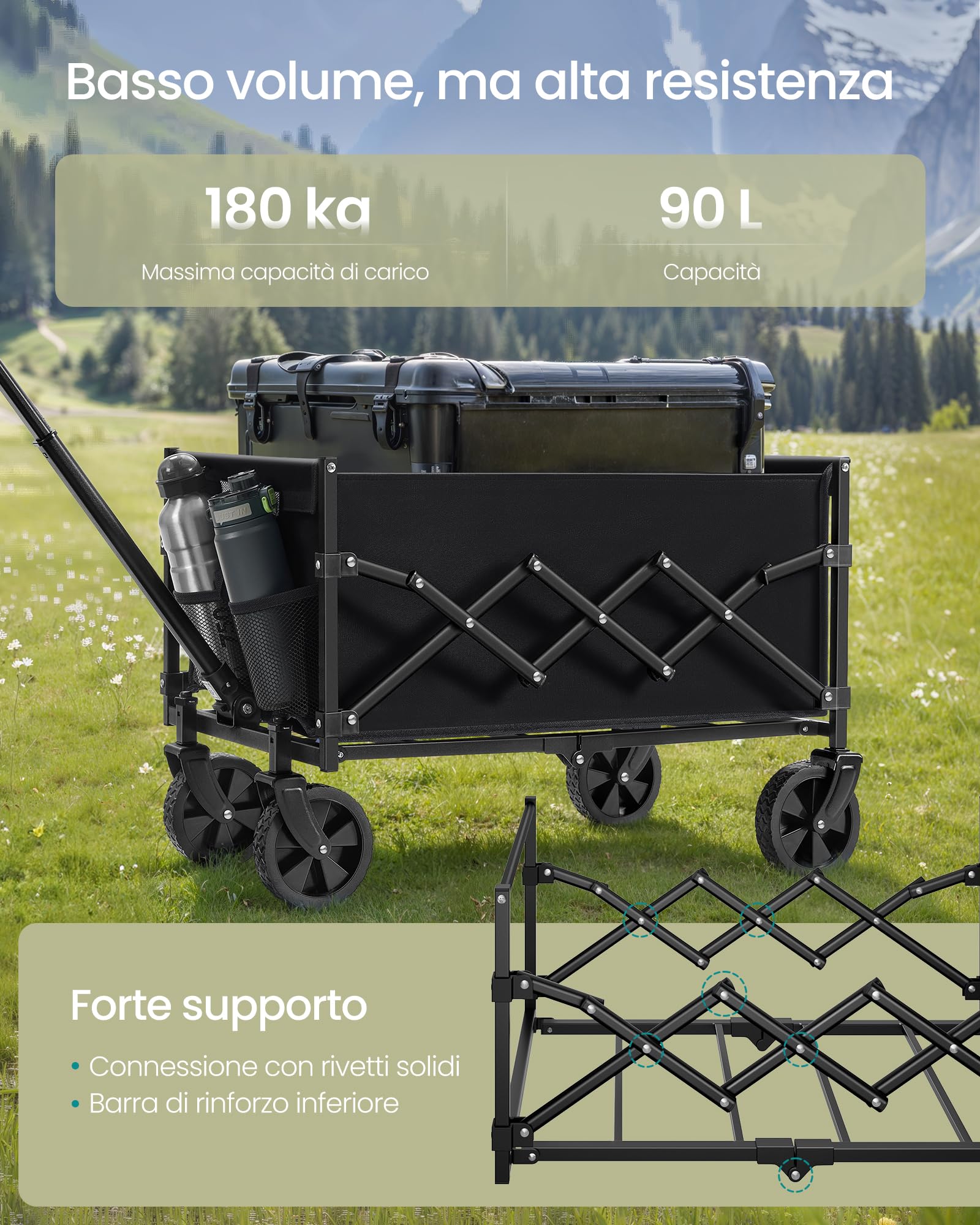 Songmics GFW909B01 carrello pieghevole 90 L nero portata 180 kg
