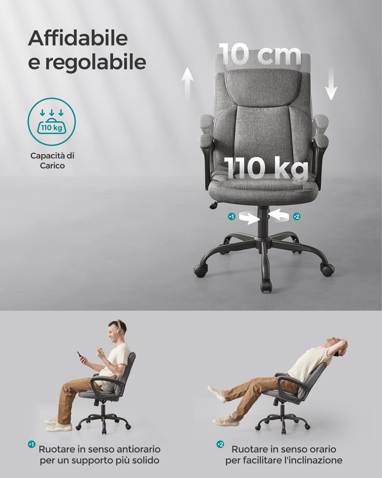 Songmics OBG040G01 sedia ufficio grigia altezza regolabile