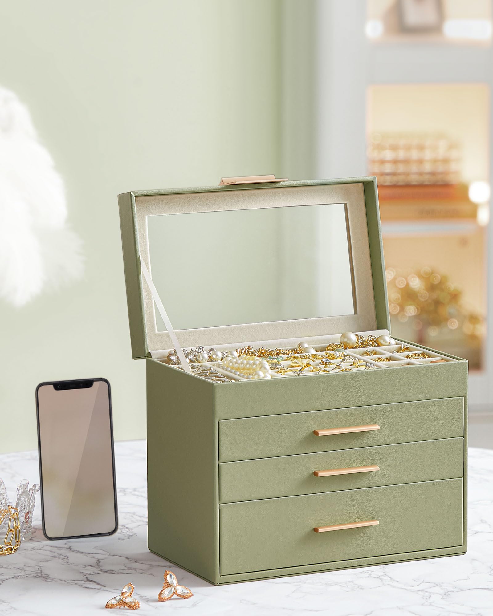 Songmics JBC161C02 portagioie 4 livelli vetro verde oro