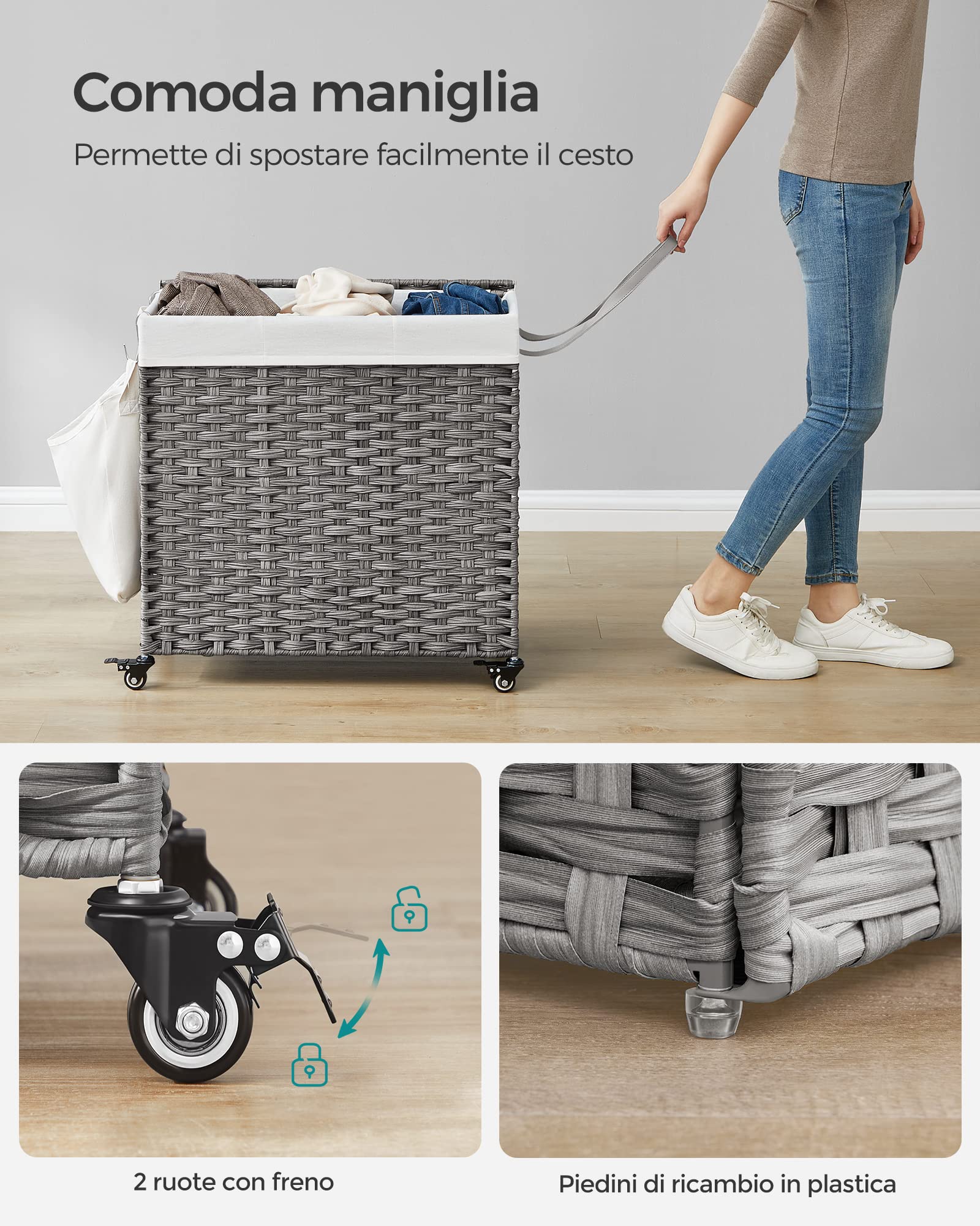 Songmics Cesto Portabiancheria 140L Grigio 3 Scomparti con Ruote