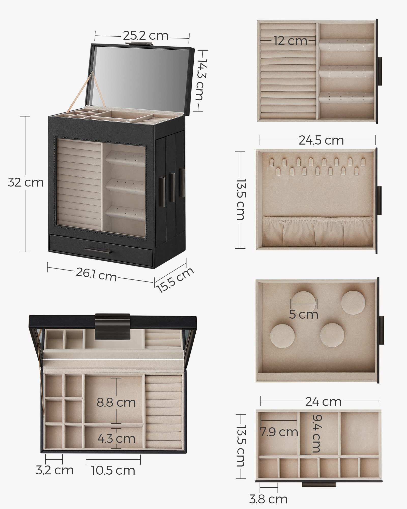Songmics JBC162B01 Portagioie 5 Ripiani Nero Specchio Vetro