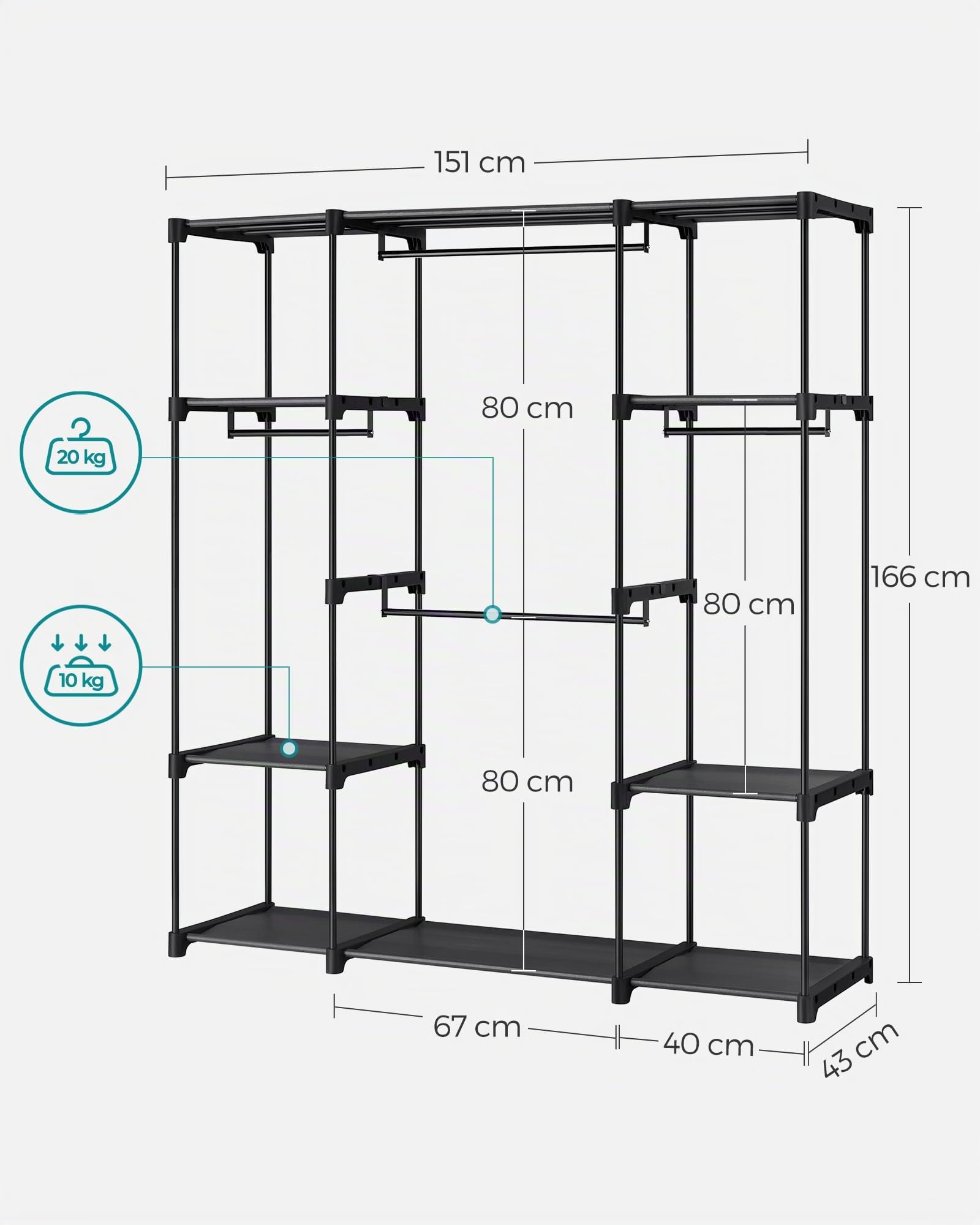 Songmics Armadio Appendiabiti 4 Sezioni 151 cm in Tessuto