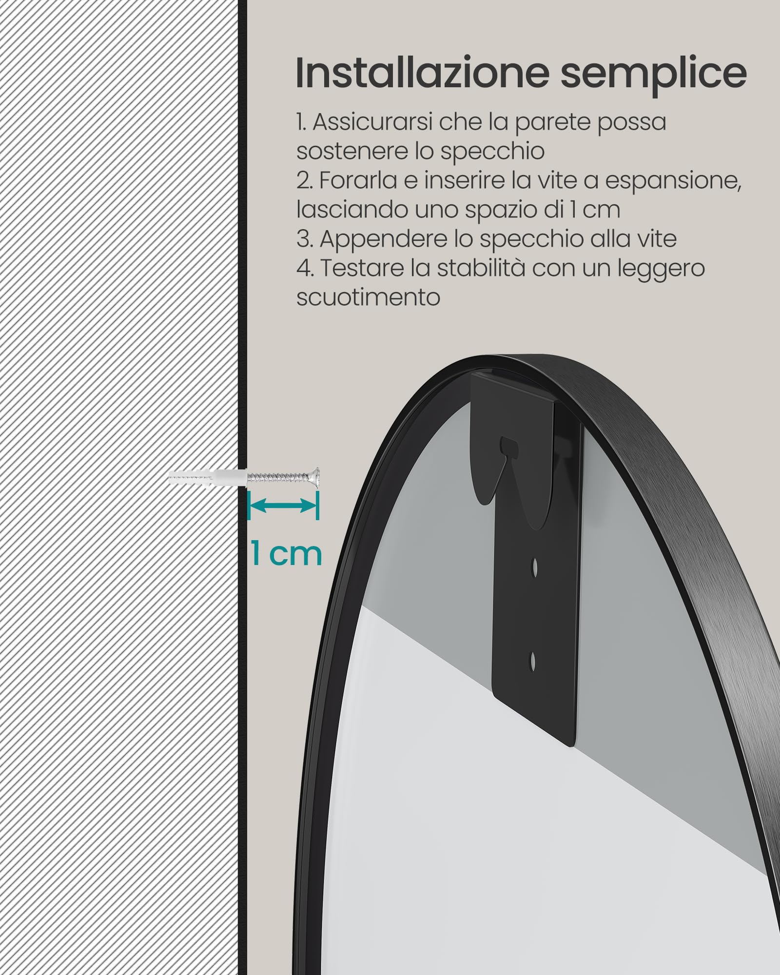 Songmics Berit Specchio Parete Rotondo Nero 61x61 cm Alluminio