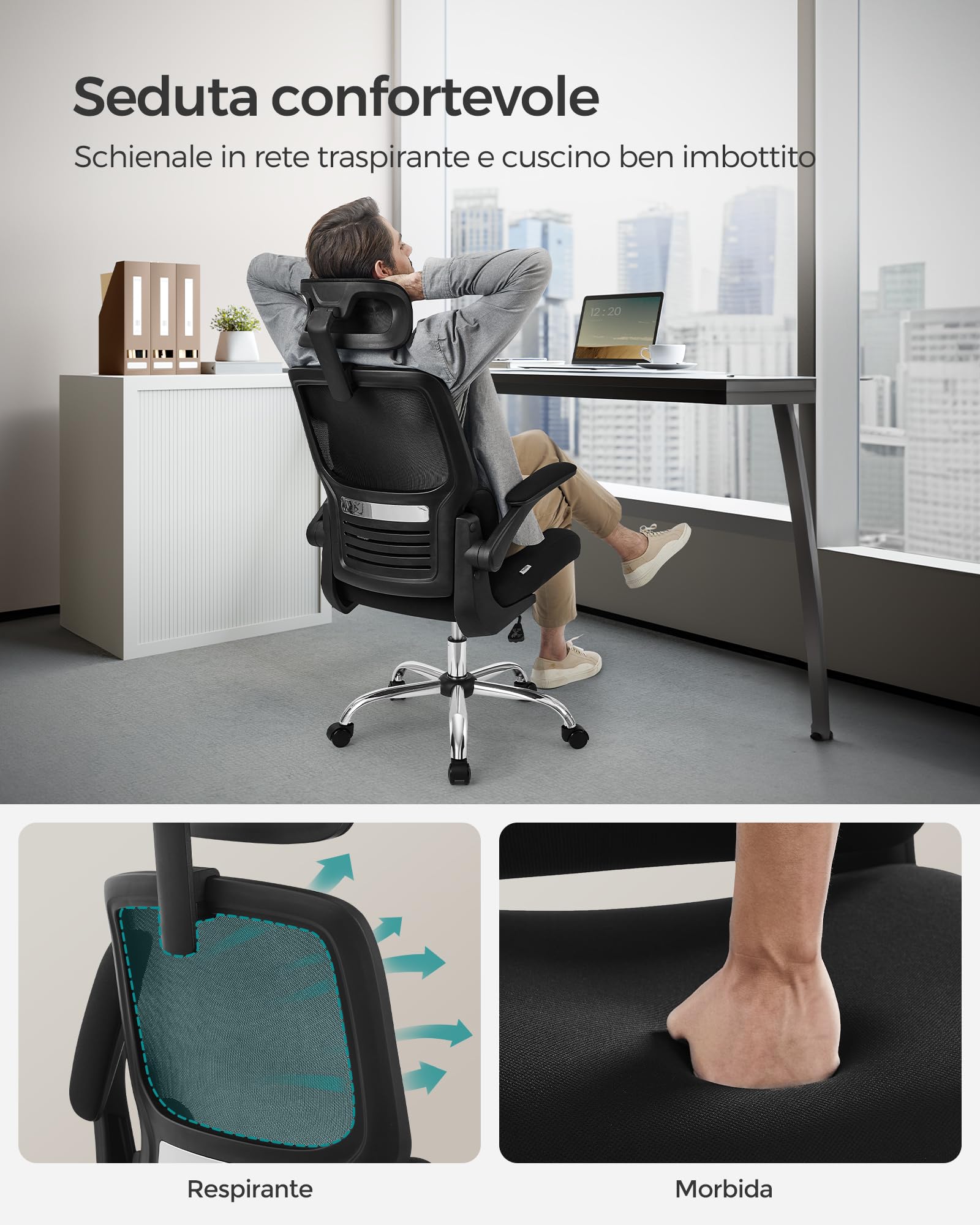 Songmics OBN040B01 Sedia Ufficio Rete Nera Ergonomica