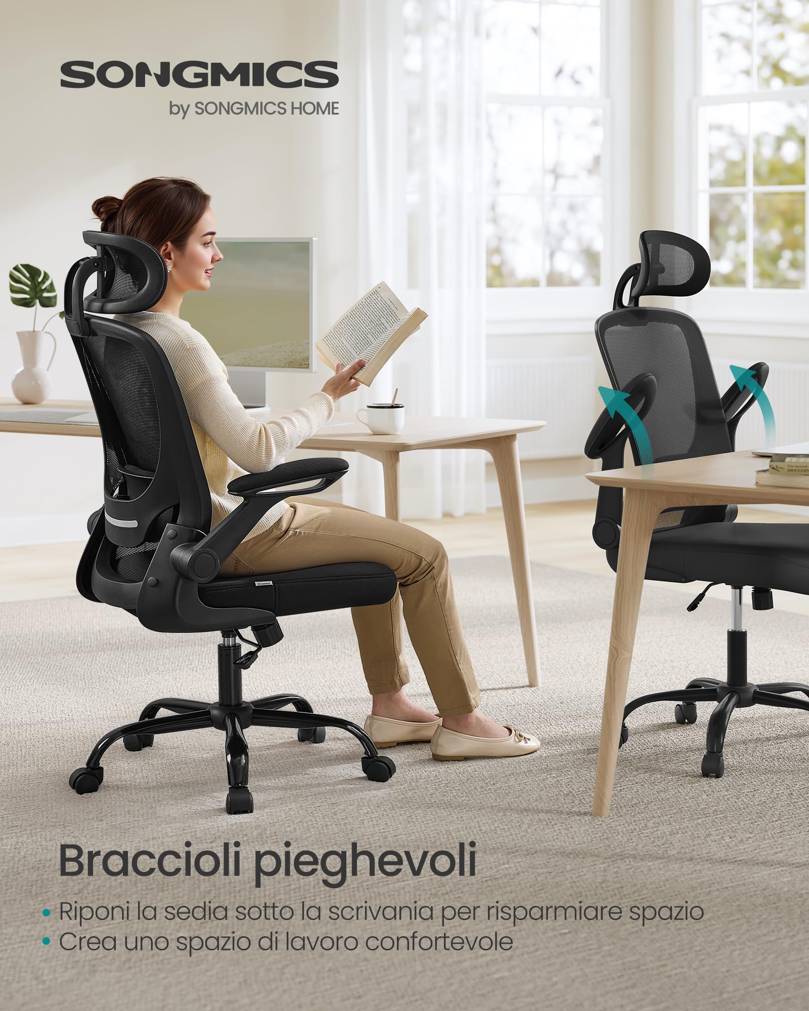Songmics OBN047B01 sedia ufficio nera poggiatesta 53 cm