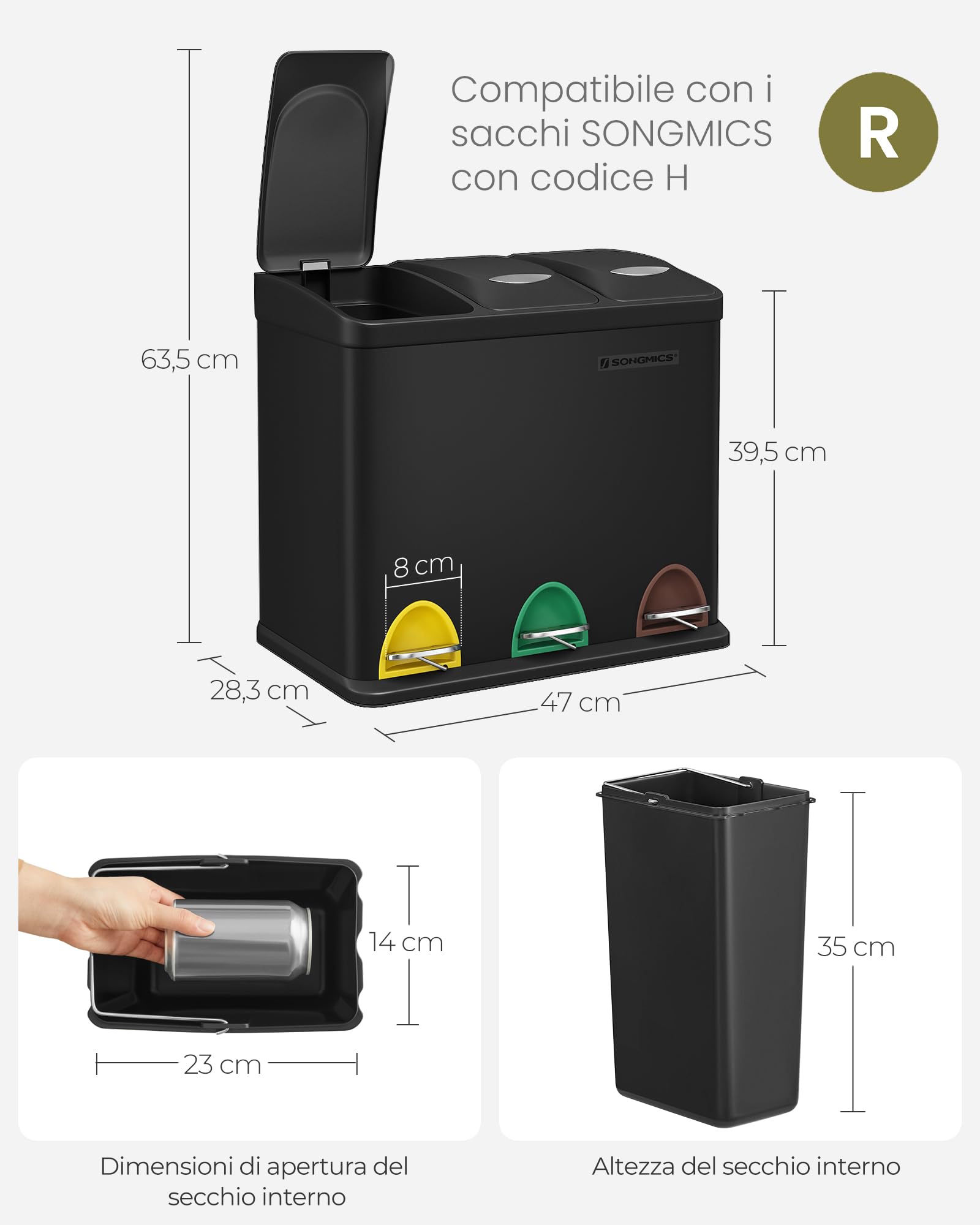 Songmics LTB24BK pattumiera 3x8 L nera a pedale